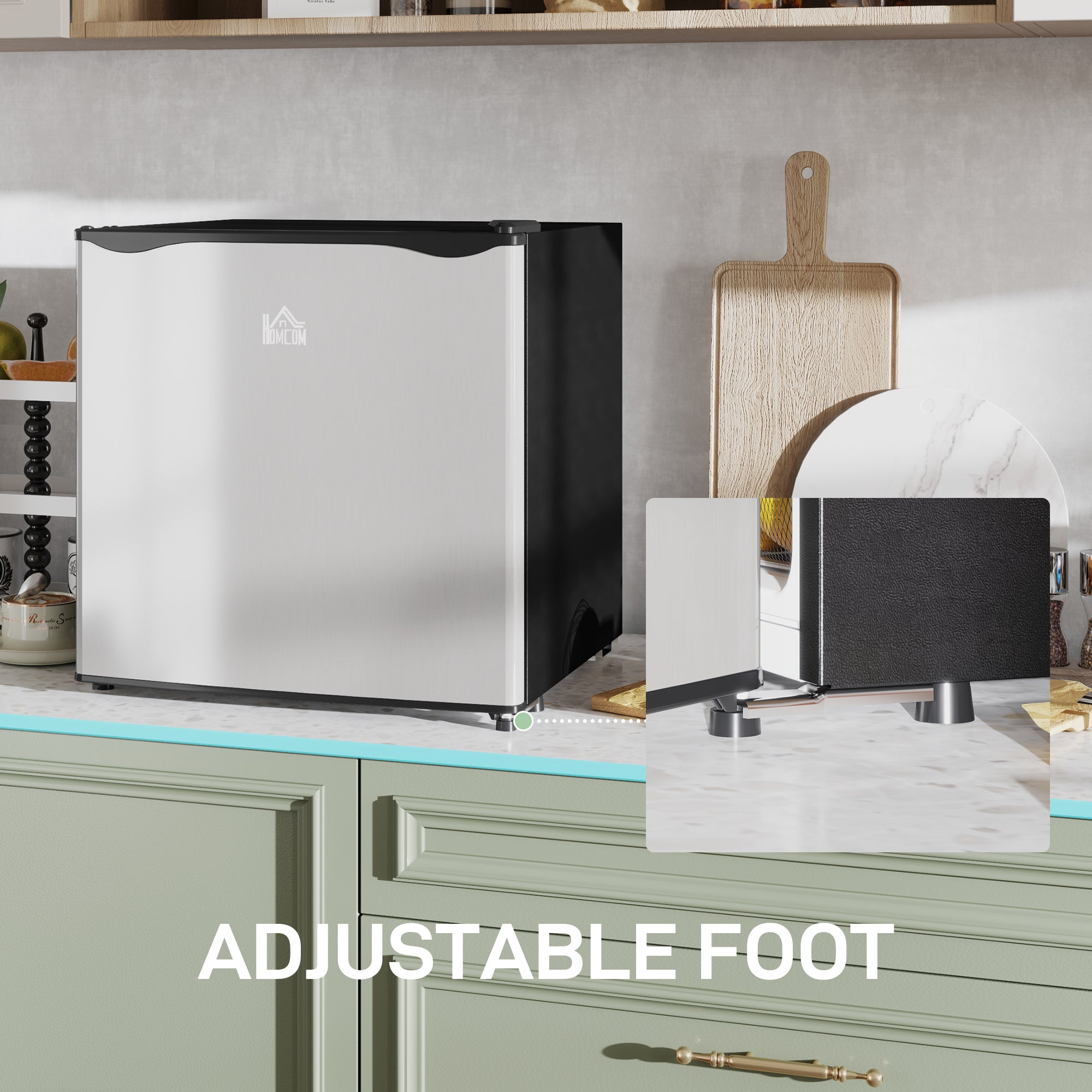 HOMCOM 46 Litre Table Top Mini Fridge, Small Fridge with Ice Box, Reversible Door, Adjustable Temperature and Legs for Bedrooms, Home Office, Silver Tone - North Peak Garden Furniture