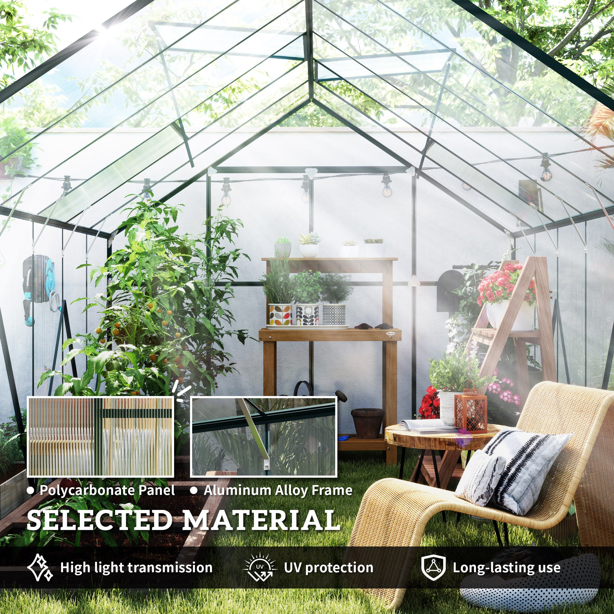 Outsunny 8 x 12ft Aluminium Greenhouse Polycarbonate Walk-in Garden Greenhouse Kit with Adjustable Roof Vent, Double Sliding Door, Rain Gutter and Foundation, Clear - North Peak Garden Furniture