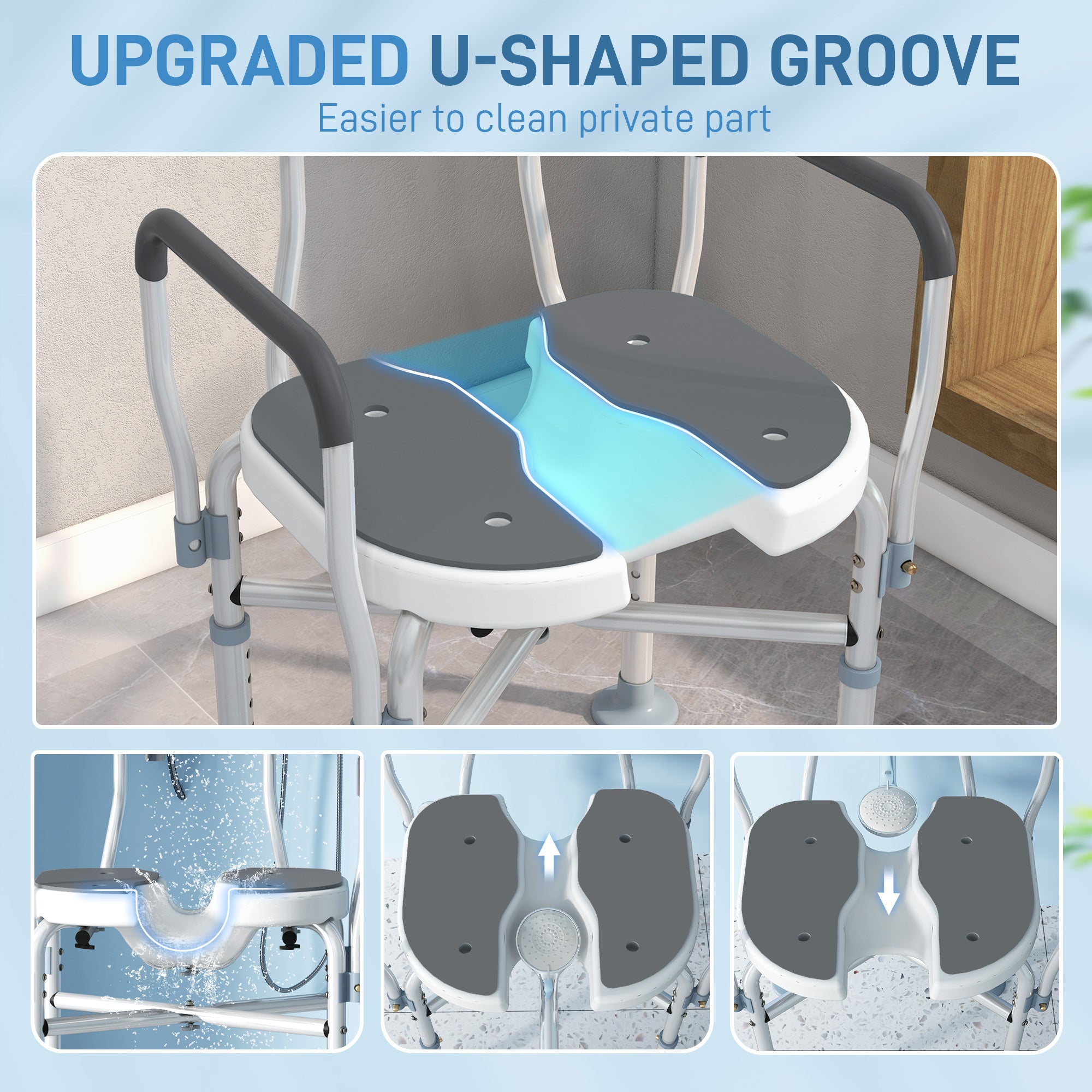 HOMCOM Shower Chair with Upgraded U-shaped Seat and Reinforced Crossbars, Height Adjustable Padded Bath Chair with Non-slip Feet for Elderly Seniors Disabled Handicap, Tool-Free Assembly, Grey - North Peak Garden Furniture