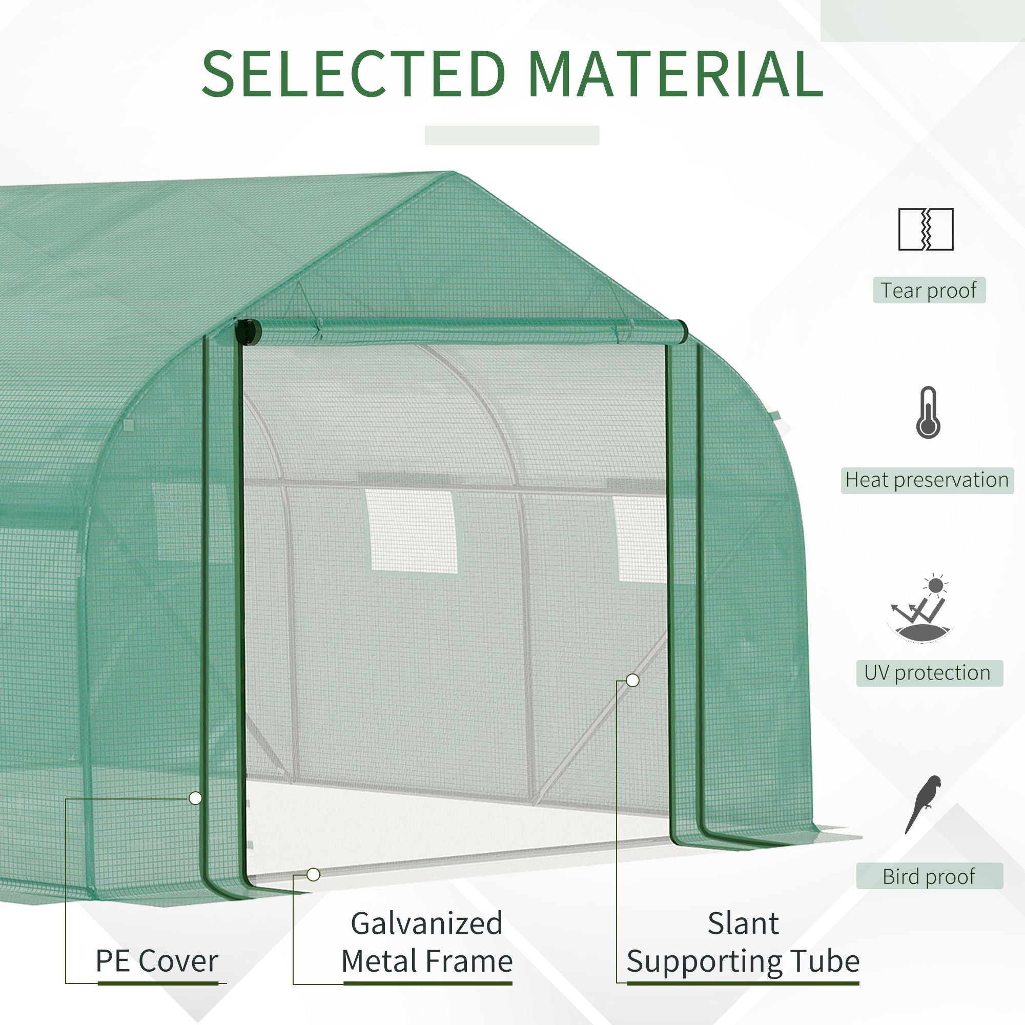 Outsunny Walk-in Polytunnel Garden Greenhouse, Outdoor Mesh Door Greenhouse with PE Cover and 6 Windows, 3.5 x 3 x 2m, Green