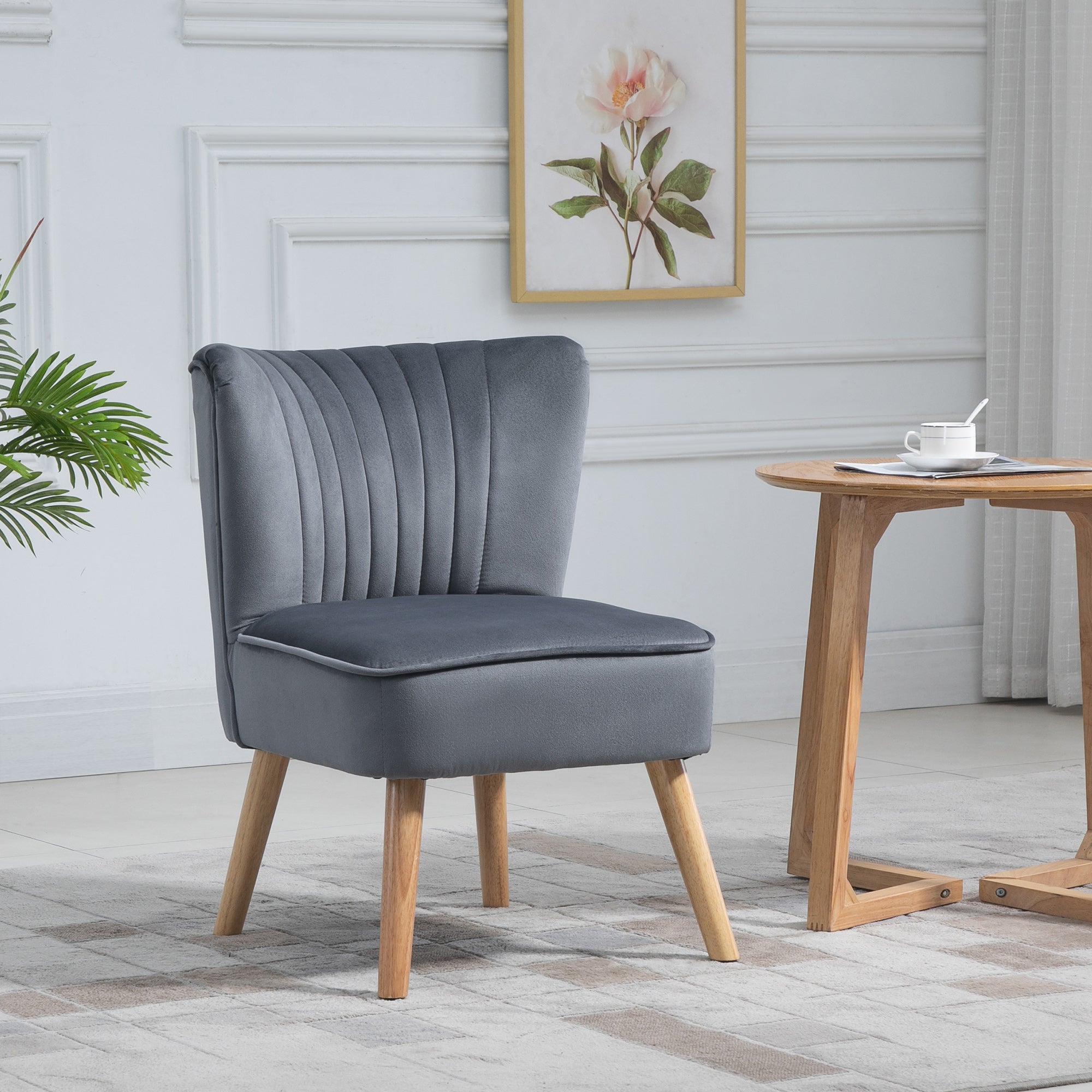 HOMCOM Modern Accent Chair, Fabric Living Room Chair with Rubber Wood Legs and Thick Padding, Grey - North Peak Garden Furniture