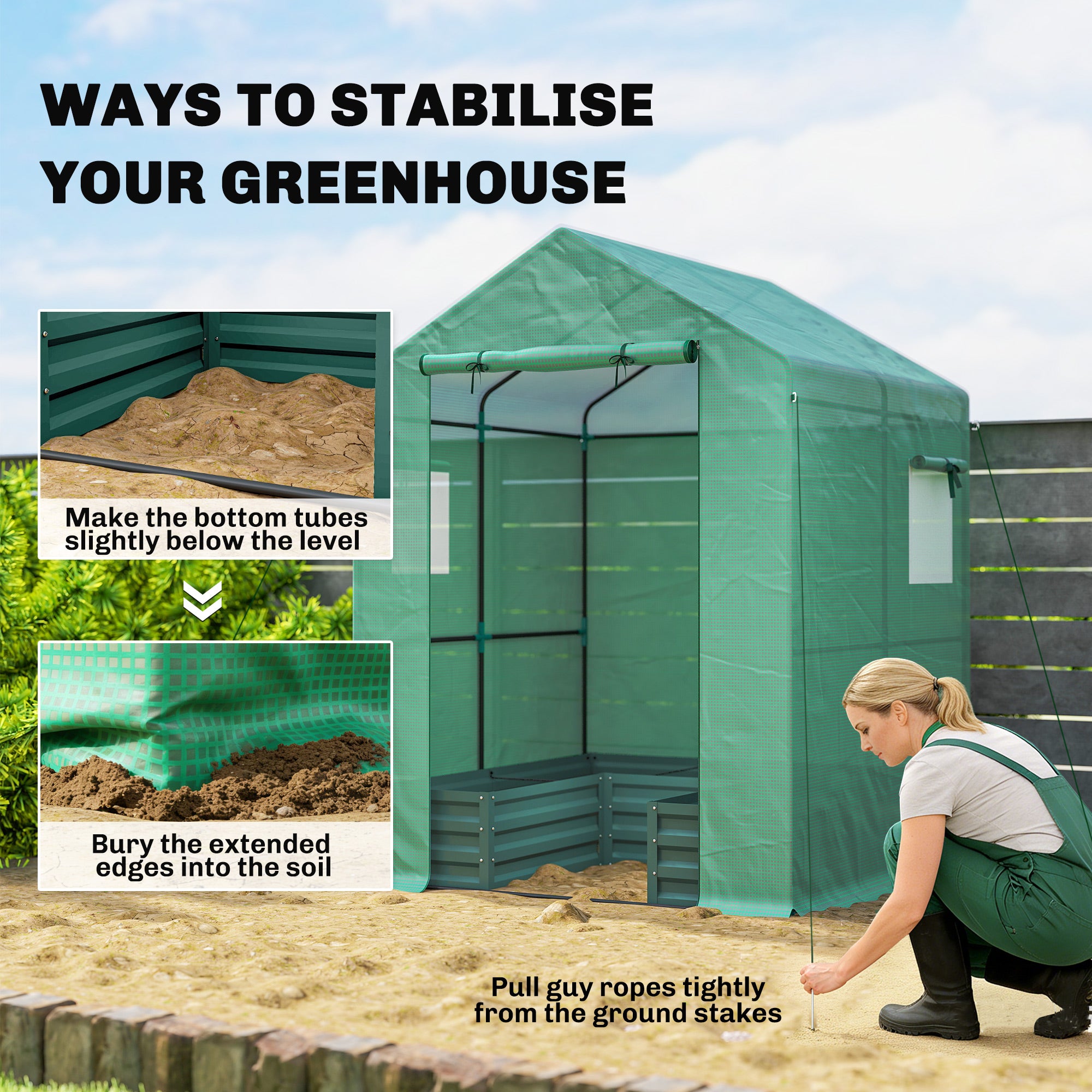 Outsunny Mini Greenhouse with Raised Garden Bed, Galvanised Walk-in Greenhouse with Roll Up Windows, 56" x 56" x 75", Green