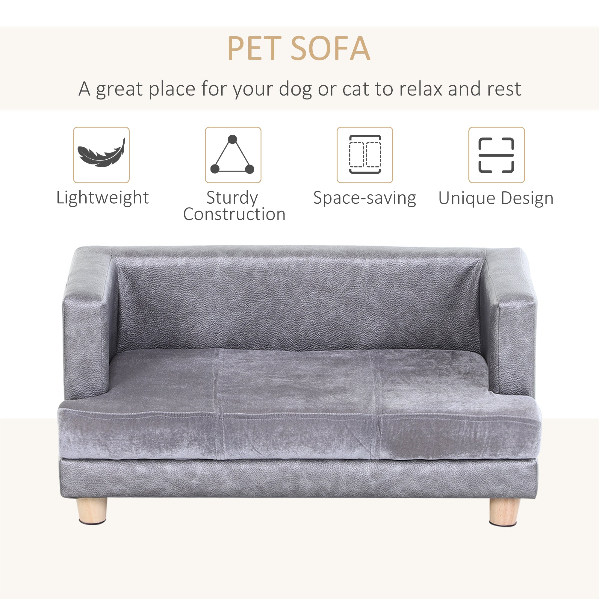 PawHut Dog Sofa Bed for Small-Sized Dogs, Elevated Pet Chair with PU Cover, Soft Cushion, Cat Couch Lounger with Anti-slip Legs - Grey