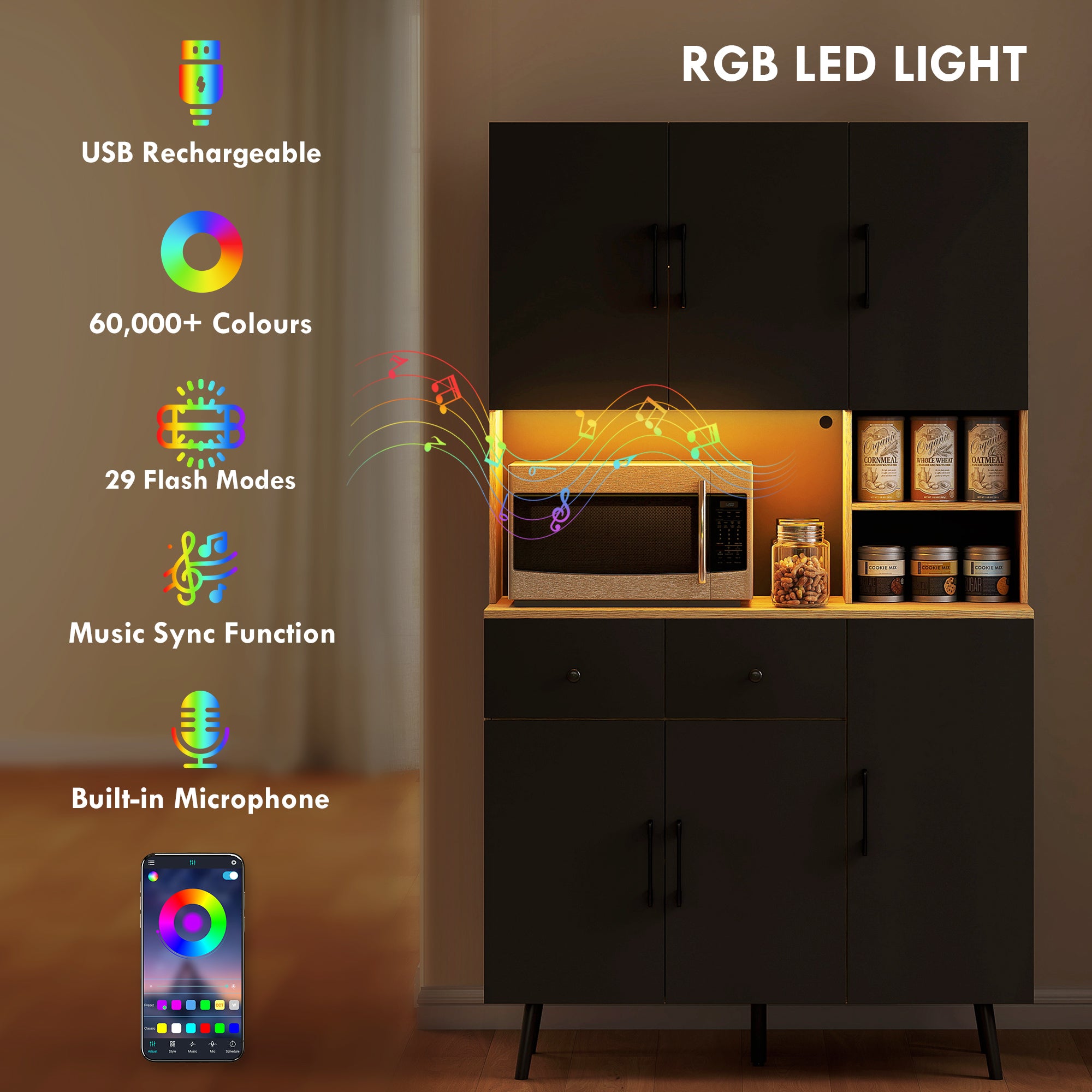 HOMCOM 176 cm Kitchen Cupboard with LED Lights - Oak and Black