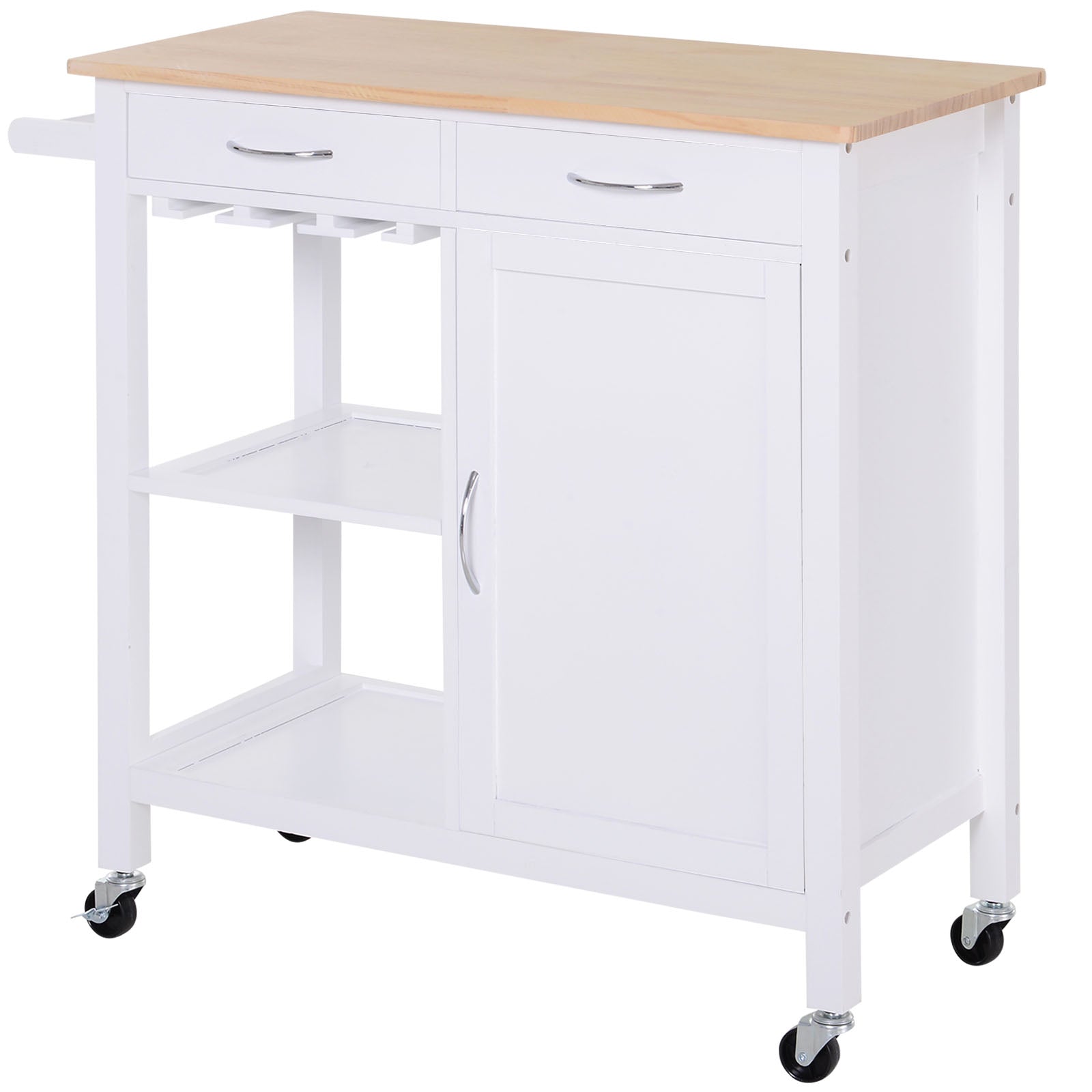 HOMCOM Kitchen Storage Trolley Cart Cupboard Rolling Wheels Shelves Cabinet Island W/ Drawers Towel Rail Wine Glass Rack Pine Wood Worktop  White