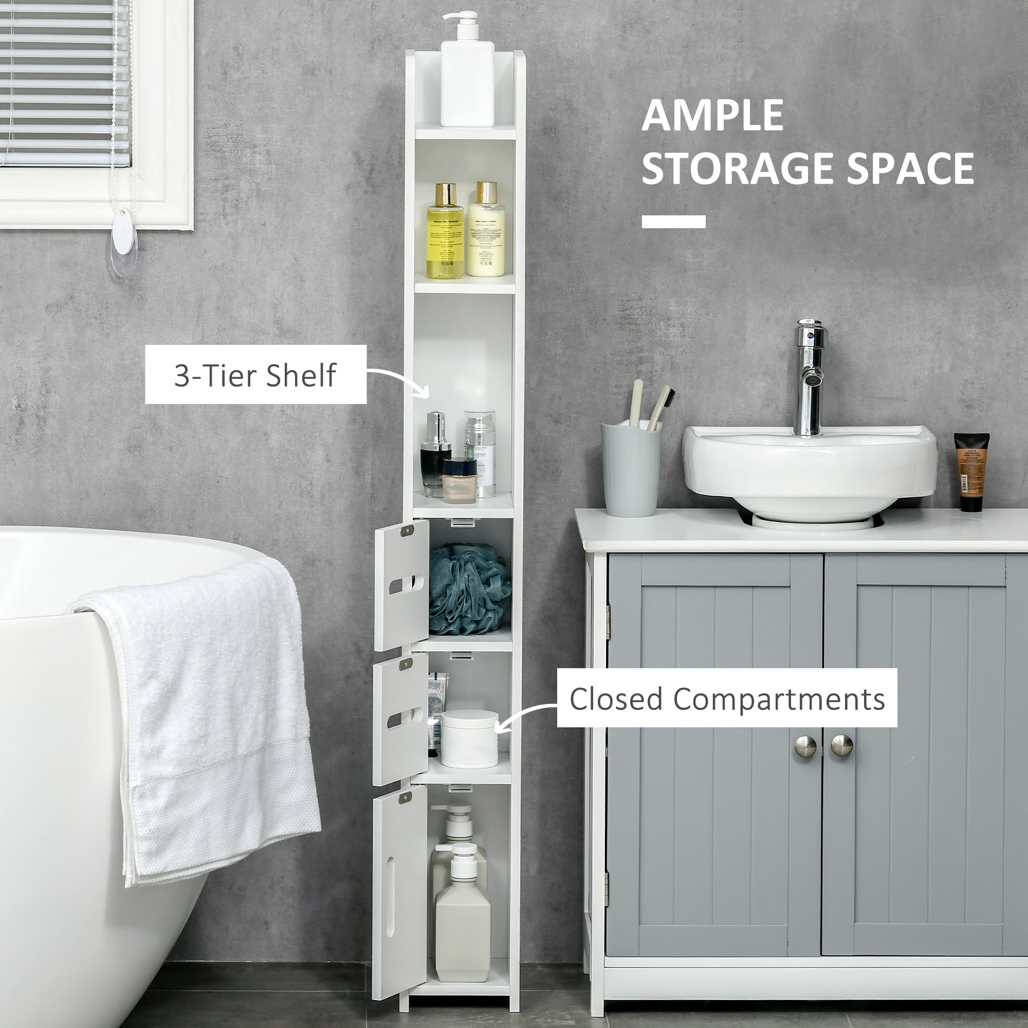 kleankin Modern Bathroom Storage Cabinet, Freestanding Tall Bathroom Cabinet with Open Shelves and 3 Cupboards with Door, for Bedroom Hallway, White - North Peak Garden Furniture