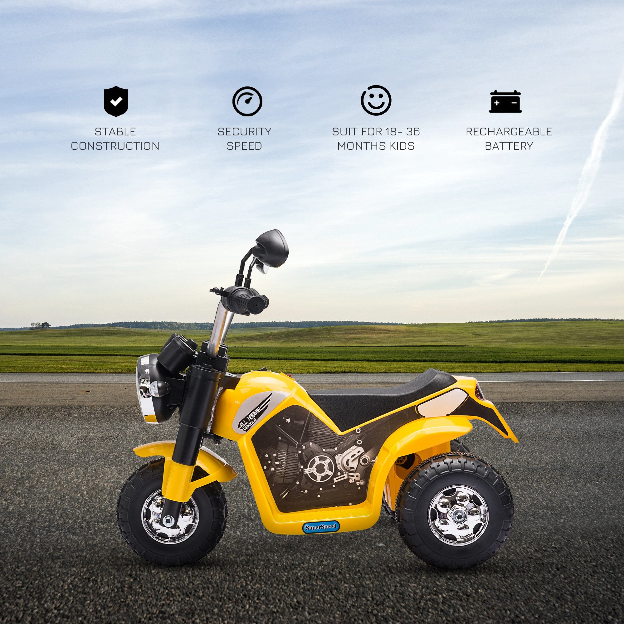HOMCOM 6V Kids Electric Motorbike 3 Wheels Ride On Toy with Horn Headlights Realistic Sounds for Girl Boy 18 - 36 Months Yellow - North Peak Garden Furniture