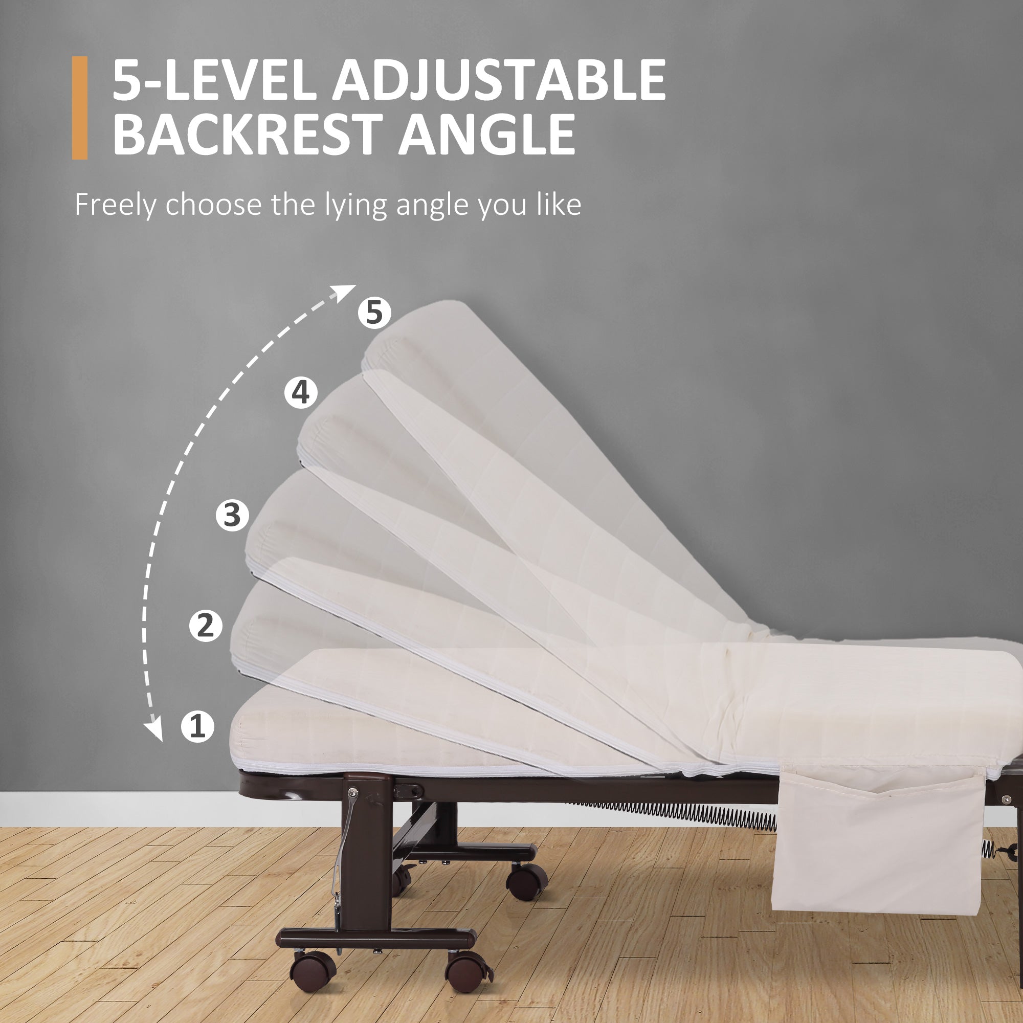 HOMCOM Folding Bed with Mattress, Single Guest Bed, Portable Fold Bed with Adjustable Backrest, Metal Frame on Wheels, White, 190 x 76 cm - North Peak Garden Furniture