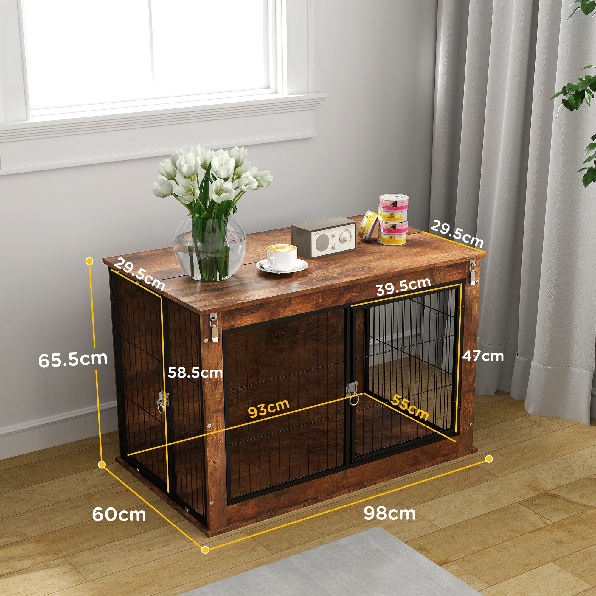 PawHut Dog Crate Furniture with Flip-up Top, 2 Doors, for Large Dogs, 98 x 60 x 65.5cm, Rustic Brown