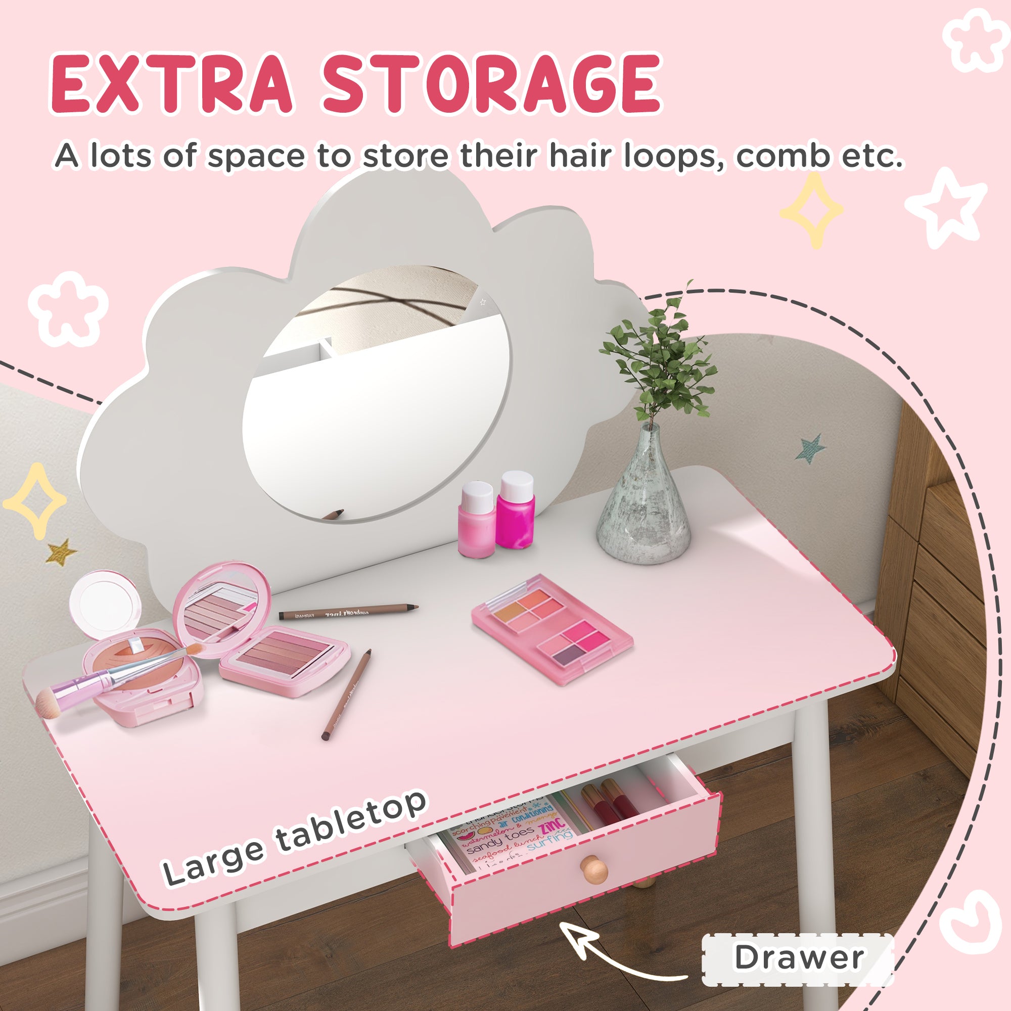 AIYAPLAY Kids Dressing Table with Mirror, Stool, Drawer, Cloud Design, White - North Peak Garden Furniture