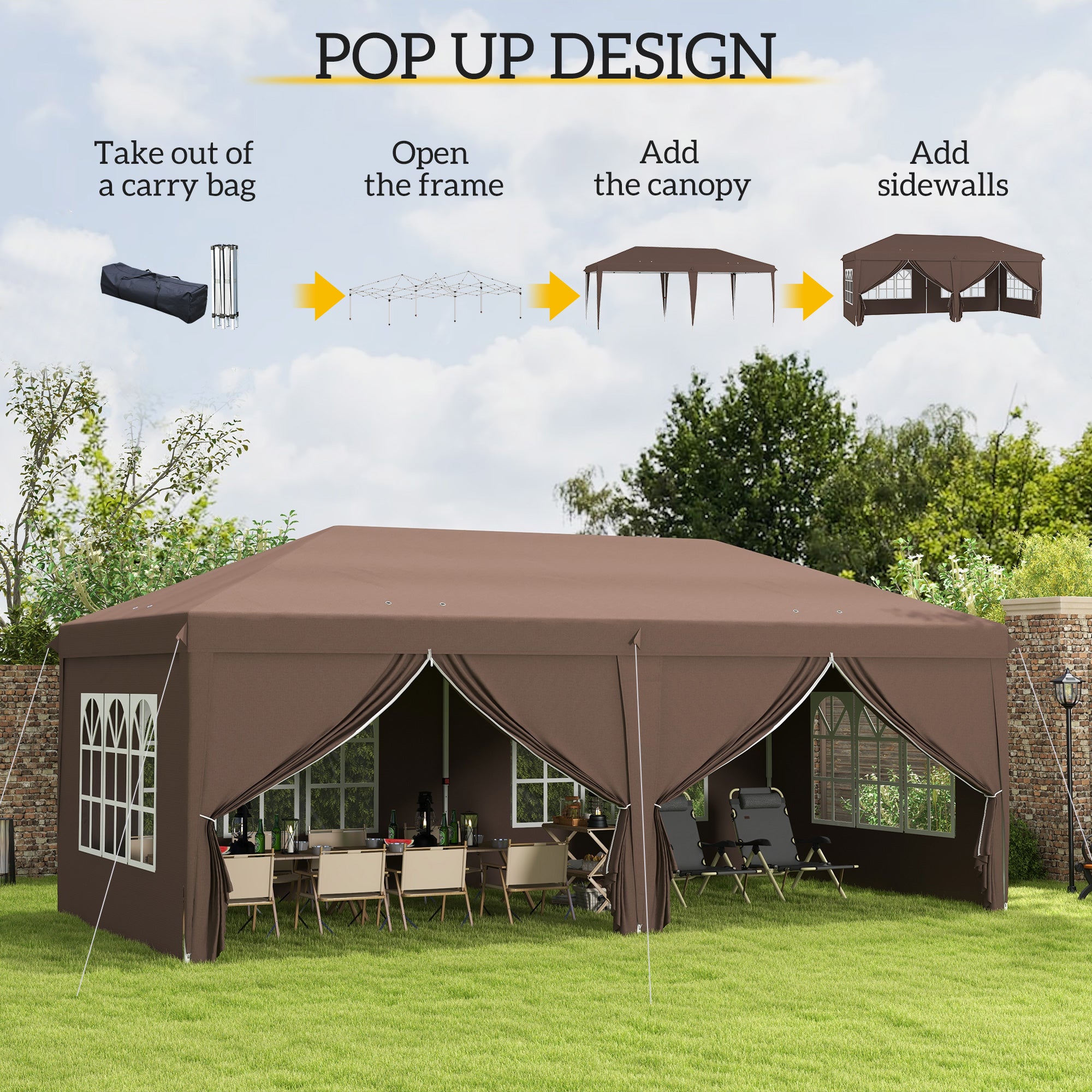 Outsunny 3 x 6 m Pop Up Gazebo with Sides and Windows, Height Adjustable Party Tent with Storage Bag for Garden, Camping, Event, Brown