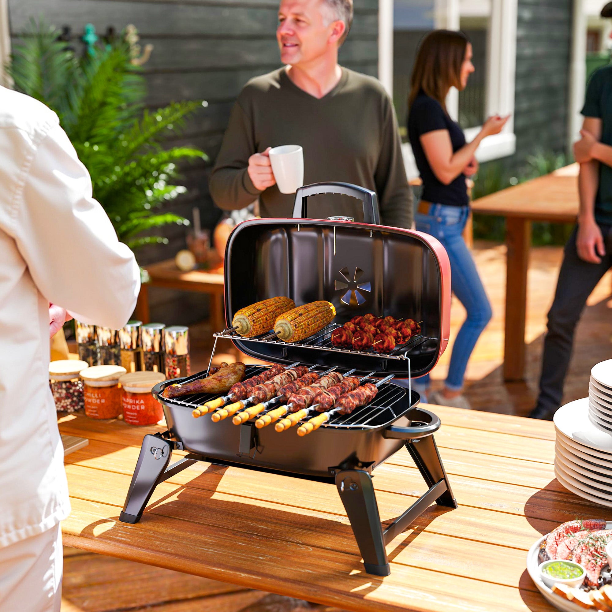 Outsunny Charcoal Barbecue Grill Folding BBQ Grill with 1232 cm² Cooking Area, Adjustable Vent, Thermometer, Handles for Camping Picnic, Red - North Peak Garden Furniture