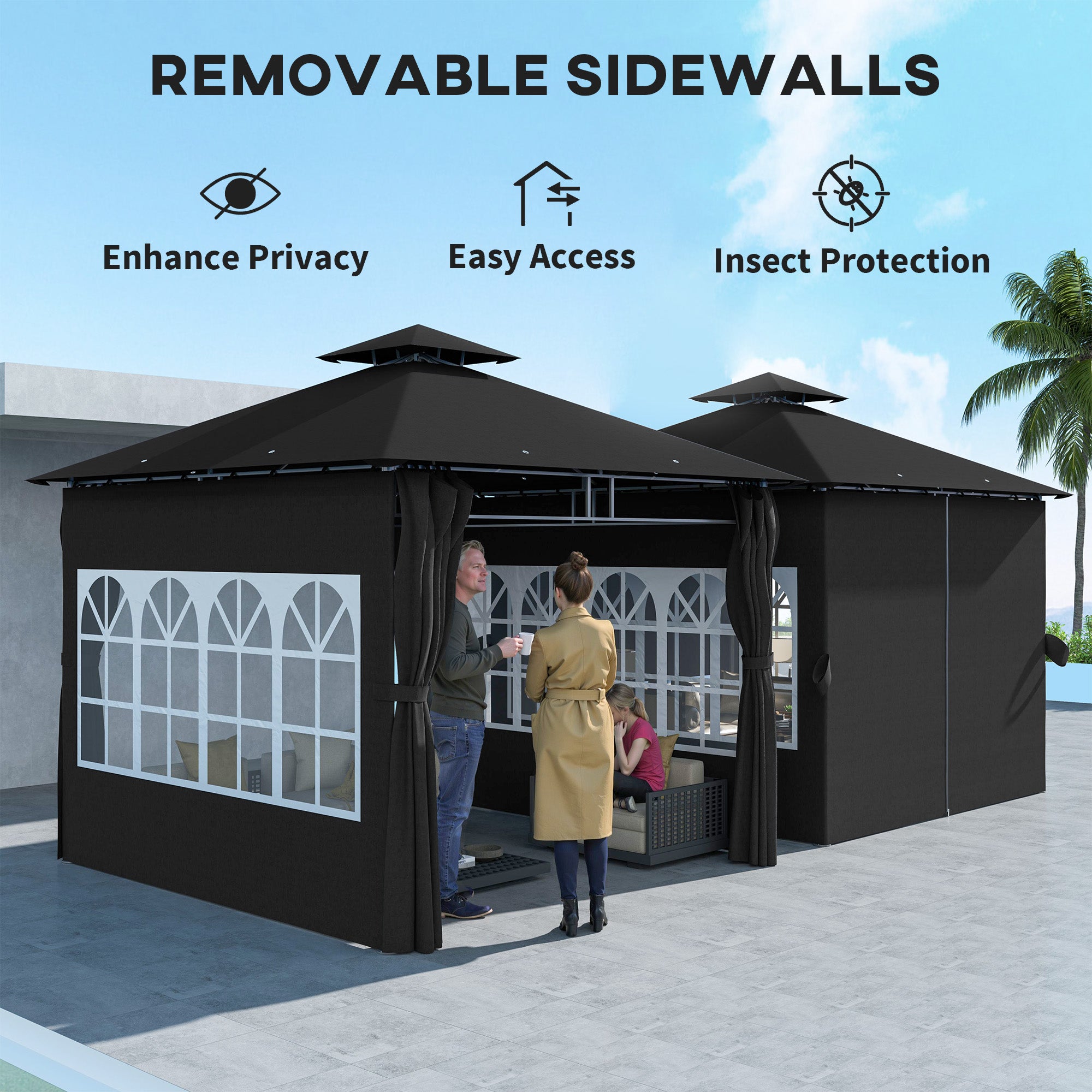 Outsunny 3 x 3 m Garden Gazebo, Double Roof Metal Gazebo with Removable Sidewalls and Church Windows, Outdoor Canopy Shelter, Black - North Peak Garden Furniture