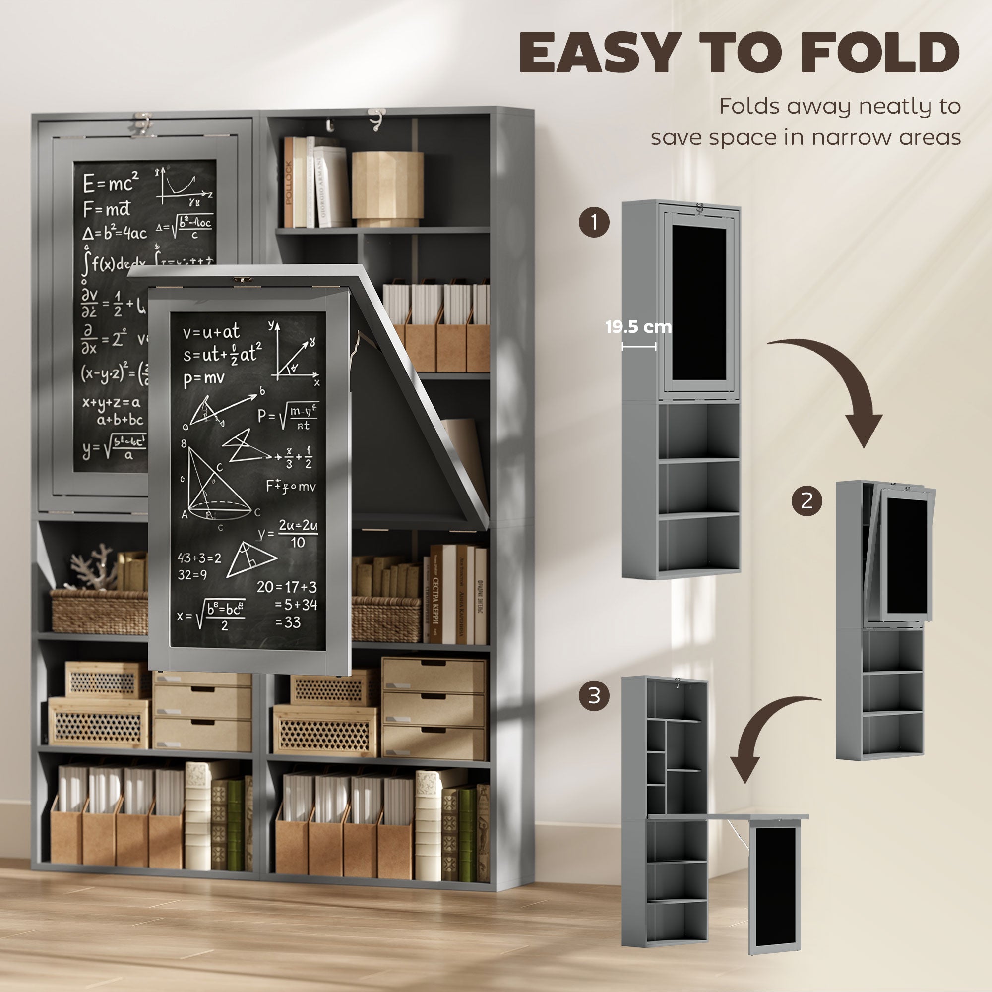 HOMCOM Folding Convertible Desk with Blackboard Multi-function Computer Office Workstation Side Shelf for Home Office, Grey