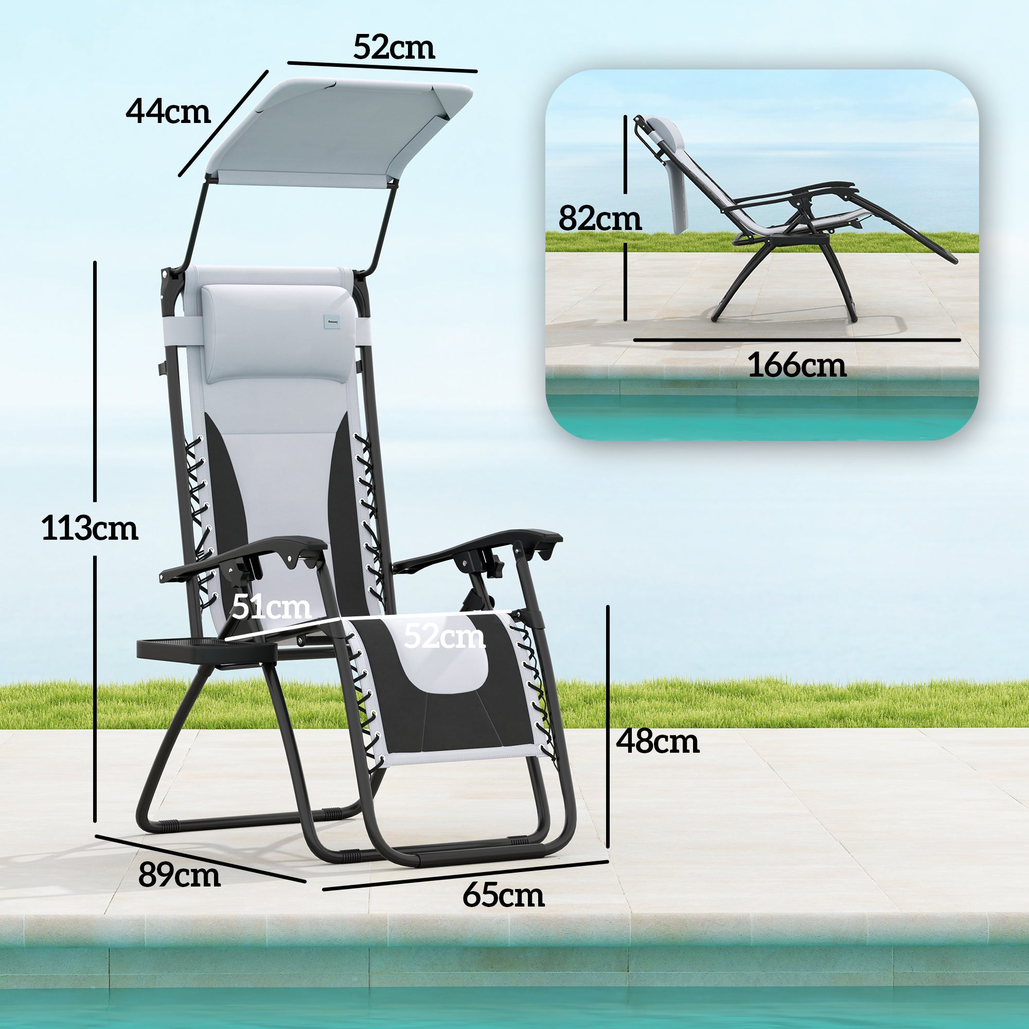 Outsunny Zero Gravity Lounger Chair Set of 2, Folding Reclining Patio Chair with Shade Cover, Padded Seat, Cup Holder, Soft Cushion and Headrest for Poolside, Camping, Light Grey - North Peak Garden Furniture