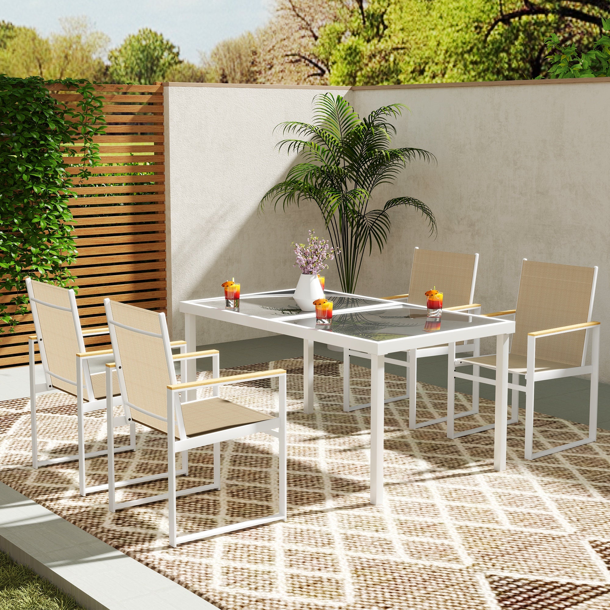 Outsunny 5 Piece Garden Furniture Set with 4 Armchairs and Tempered Glass Table Top, for Deck, Balcony - North Peak Garden Furniture
