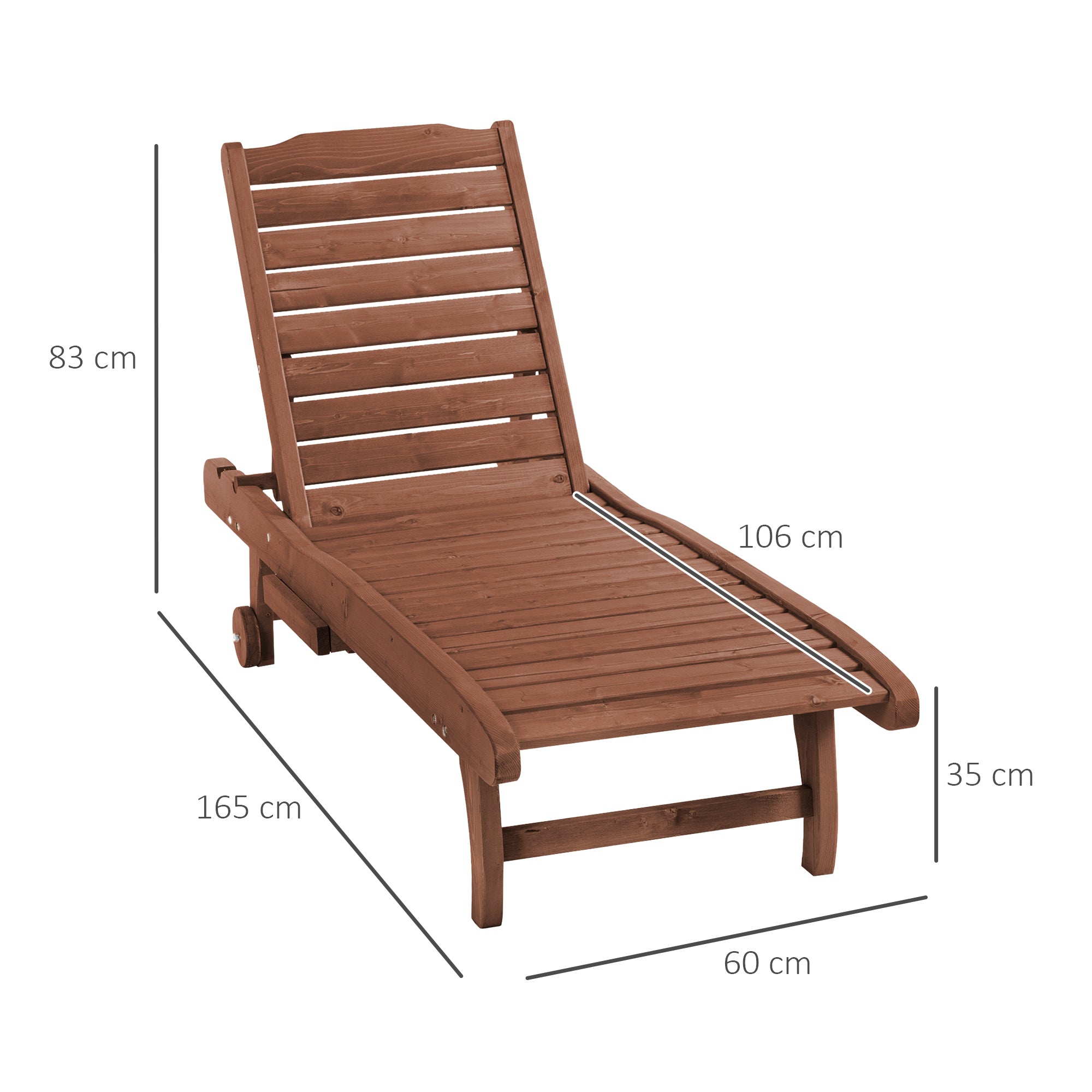 Outsunny Outdoor Wooden Lounger Chair, Sun Bed with Built-In Table, Adjustable Backrest and Wheels, Red Brown - North Peak Garden Furniture