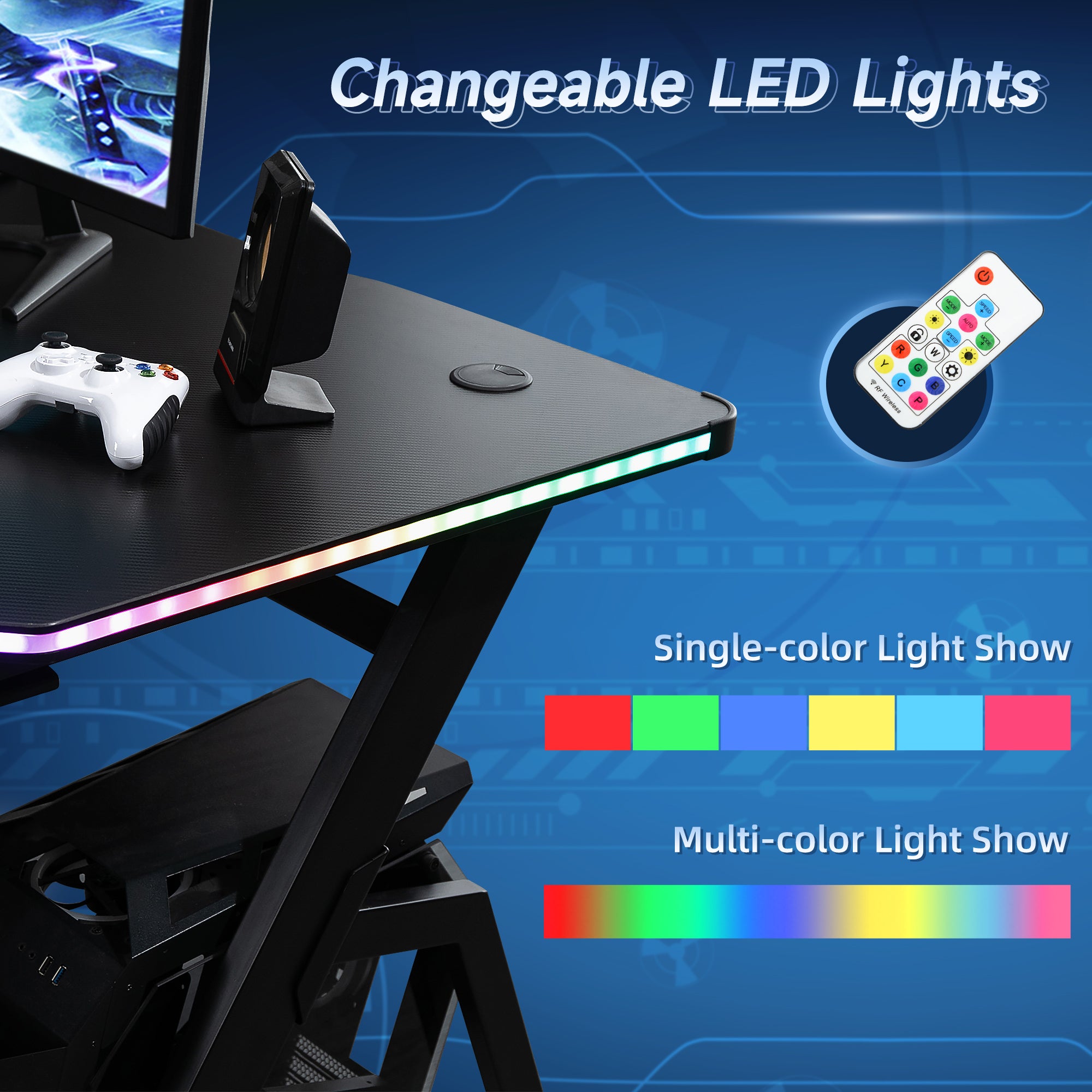 HOMCOM RGB 120 x 66cm Gaming Desk, Computer Table with Carbon Fibre Surface, Headphone Hook, Cup Holder, Controller Rack, Home Office Desk, Black - North Peak Garden Furniture