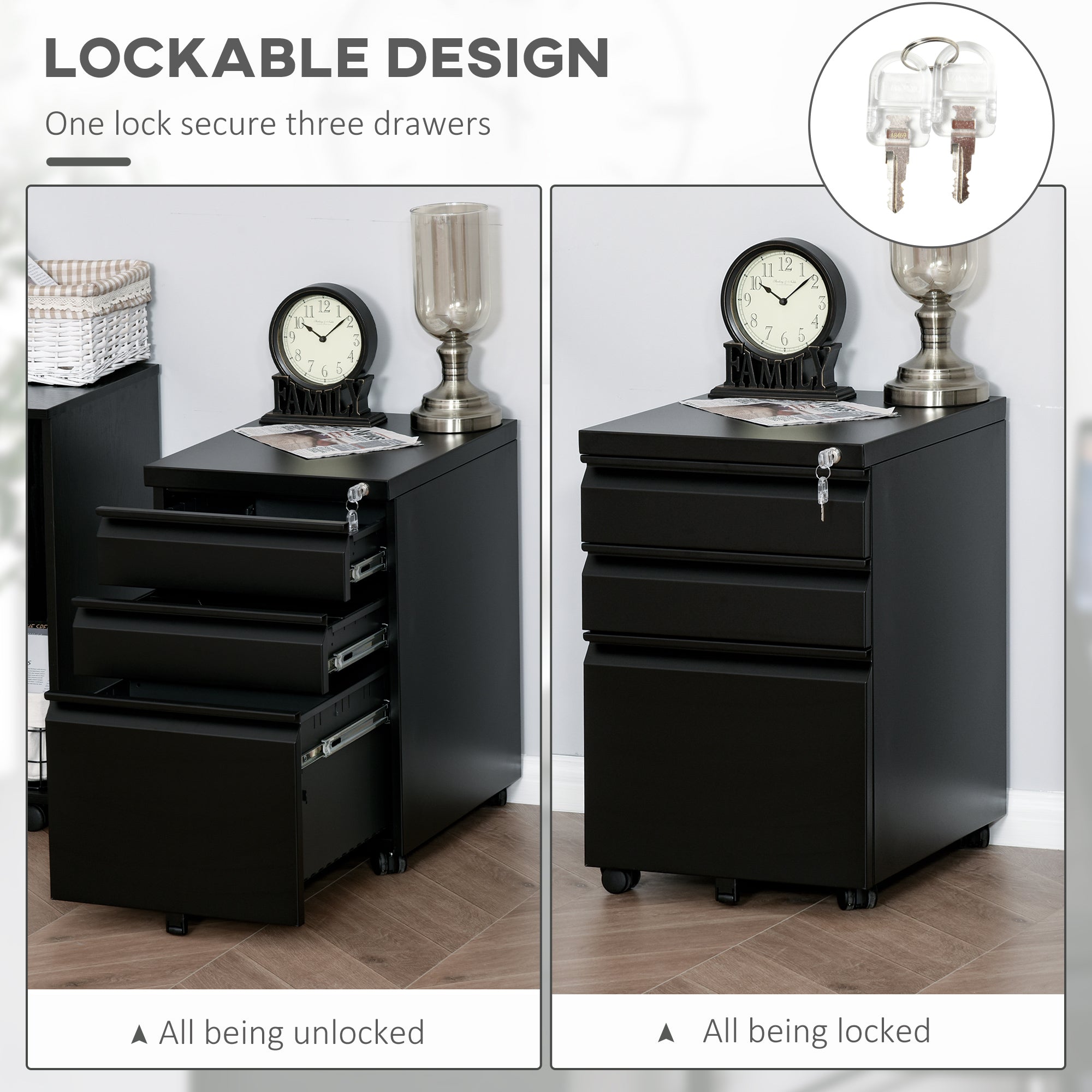 Vinsetto 3 Drawer Filling Cabinet, Mobile Metal File Cabinet with Anti-tilt Design for Letter, A4, Legal Size, Black - North Peak Garden Furniture