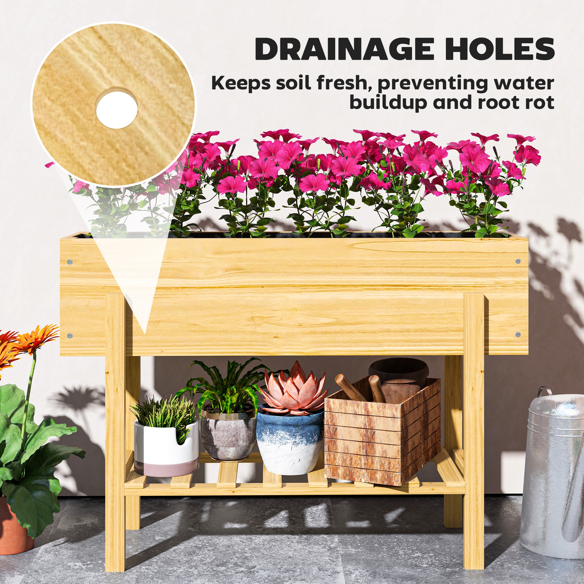 Outsunny Wooden Raised Garden Bed, Elevated Planter Box with Bed Liner, Drainage Holes and Storage Shelf, Raised Planter for Vegetables, Flowers, Herbs, 100 x 30 x 71 cm, Natural Wood Finish - North Peak Garden Furniture