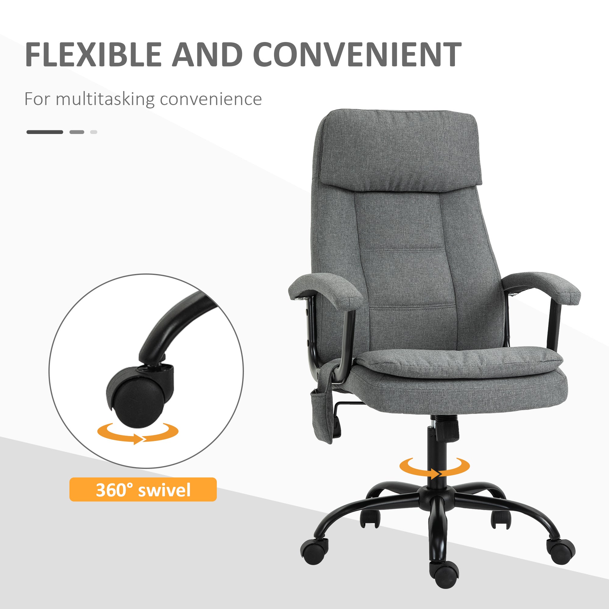 Vinsetto Office Chair, Linen Fabric Desk Chair with 2 Point Massage in Lumbar, Adjustable Height, Rolling Wheels, Grey - North Peak Garden Furniture