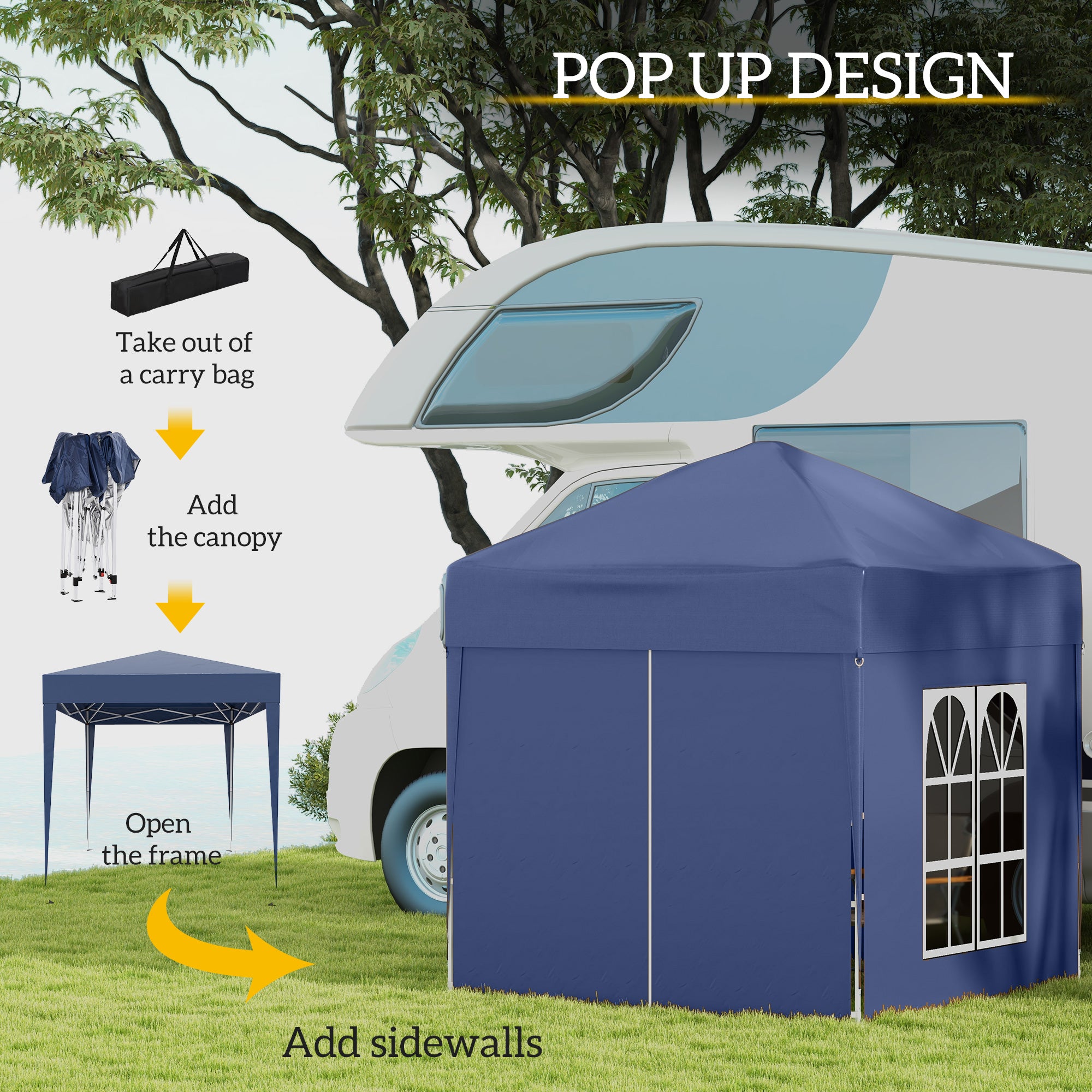 Outsunny 2 x 2 m Garden Pop Up Gazebo, Wedding Party Tent Marquee, Water Resistant Awning Canopy with Sidewalls, Windows, Carry Bag, Blue - North Peak Garden Furniture