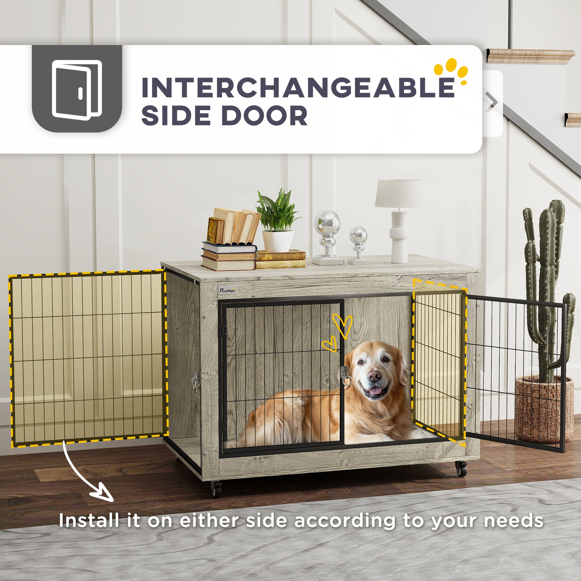 PawHut Dog Crate Furniture with Wheels, Double Doors, for Large Dogs, 100 x 60 x 73.5cm, Grey - North Peak Garden Furniture