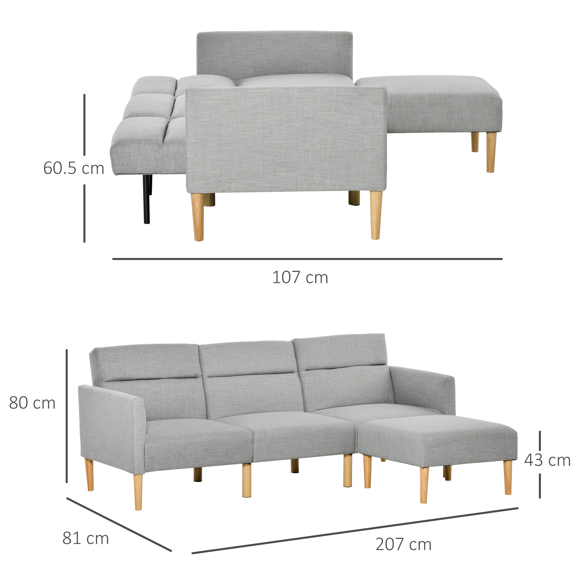 HOMCOM L Shape Sofa Bed Set, Linen Fabric Corner Sofa Bed with Rubber Wood Legs and Footstool, Light Grey - North Peak Garden Furniture