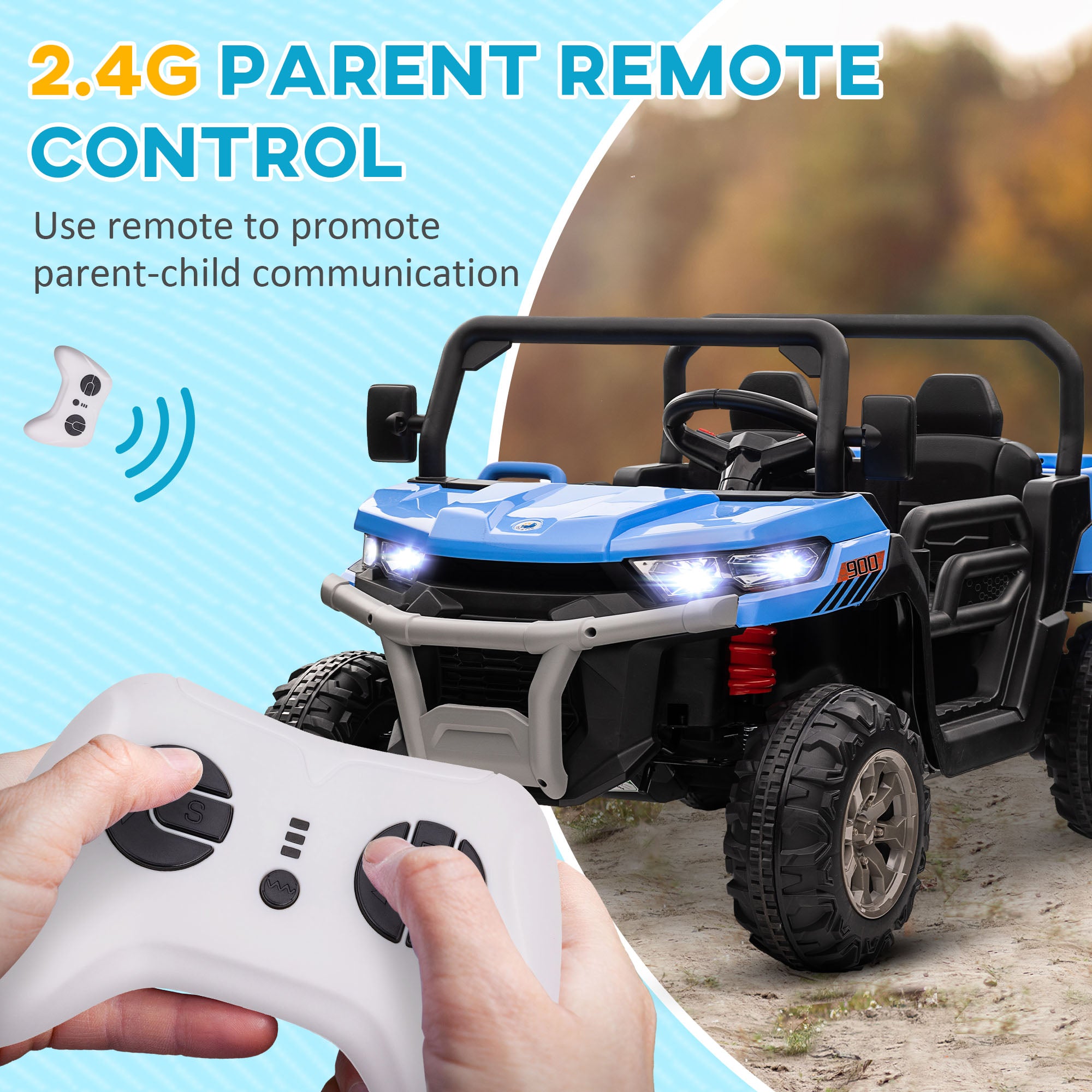 HOMCOM 12V 2 Seater Kids Electric Ride-On Car with Electric Bucket, Remote Control - Blue - North Peak Garden Furniture
