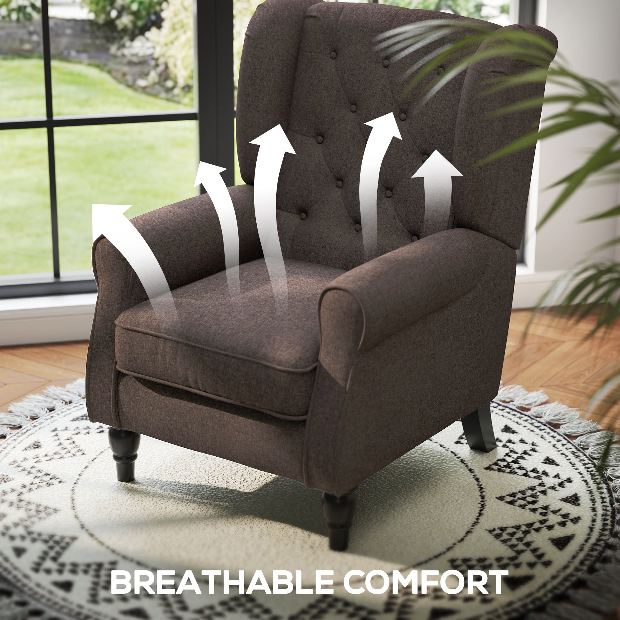 HOMCOM Retro Accent Chair, Wingback Armchair with Wood Frame Button Tufted Design for Living Room Bedroom, Brown - North Peak Garden Furniture