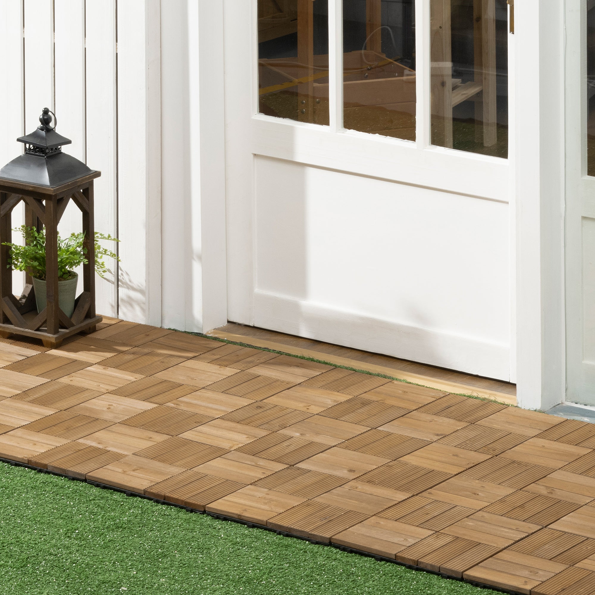 Outsunny 27 Pcs Wooden Interlocking Decking Tiles, Outdoor Flooring Tiles for Patio, Balcony, Terrace, Hot Tub, 30 x 30 cm per Piece, 2.5㎡ per Pack, Brown - North Peak Garden Furniture