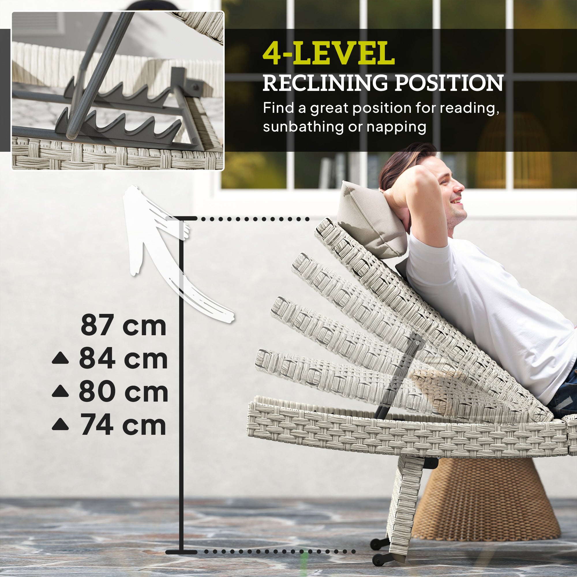 Outsunny Outdoor PE Rattan Sun Lounger, Folding Wicker Garden Lounger Recliner with 4-Level Adjustable Backrest, Rolling Sunbed Lounge Chair with Wheels, Non-Slip Legs for Balcony, Beach, Grey - North Peak Garden Furniture