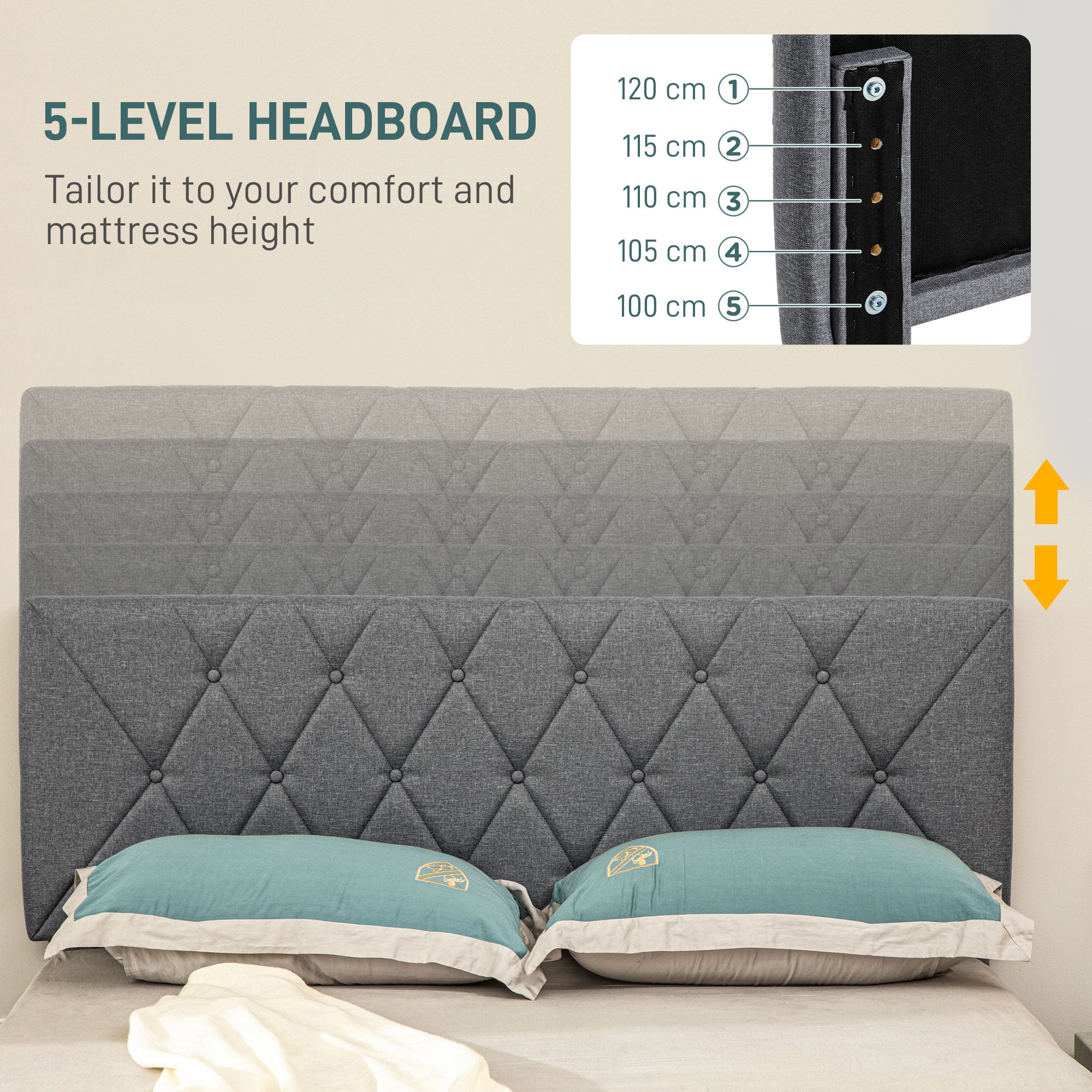 HOMCOM King Size Padded Fabric Headboard Bed Frame - Grey - North Peak Garden Furniture