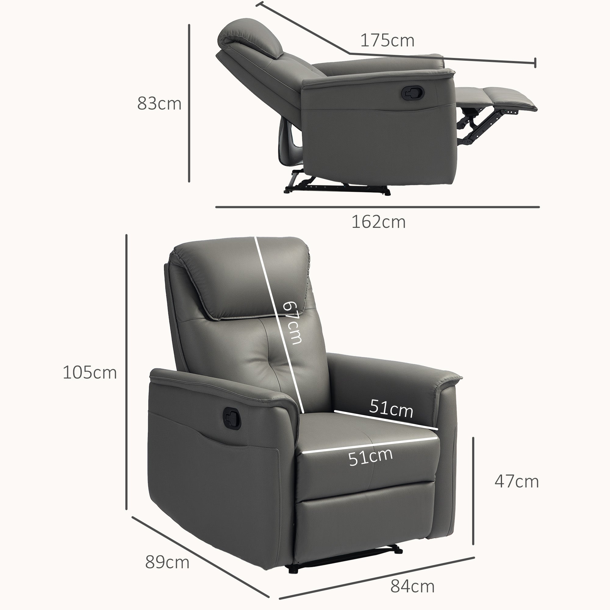 HOMCOM Recliner Armchair with Thick Padded Spring Cushion, Microfibre Manual Reclining Chair with Adjustable Leg Rest, Side Pockets for Living Room, Bedroom, Light Grey - North Peak Garden Furniture