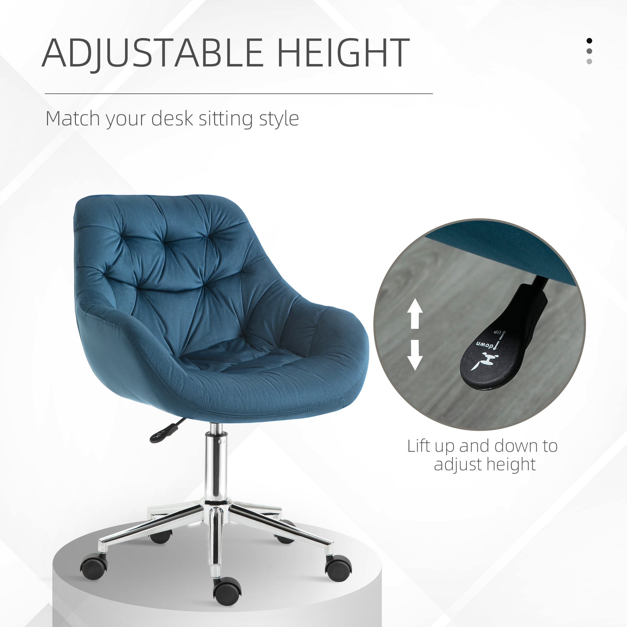 Vinsetto Home Office Chair Velvet Ergonomic Computer Chair Comfy Desk Chair with Adjustable Height, Arm and Back Support, Blue - North Peak Garden Furniture