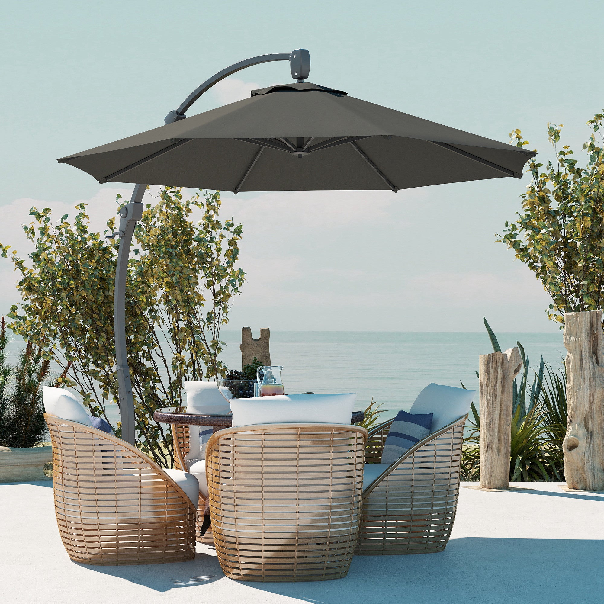Outsunny 3(m) Garden Cantilever Parasol, Round Overhanging Umbrella with Crank Handle, Cross Base, Aluminium Frame and 360° Rotation, Banana Patio Umbrella for Outdoor Sun Shade, Grey - North Peak Garden Furniture
