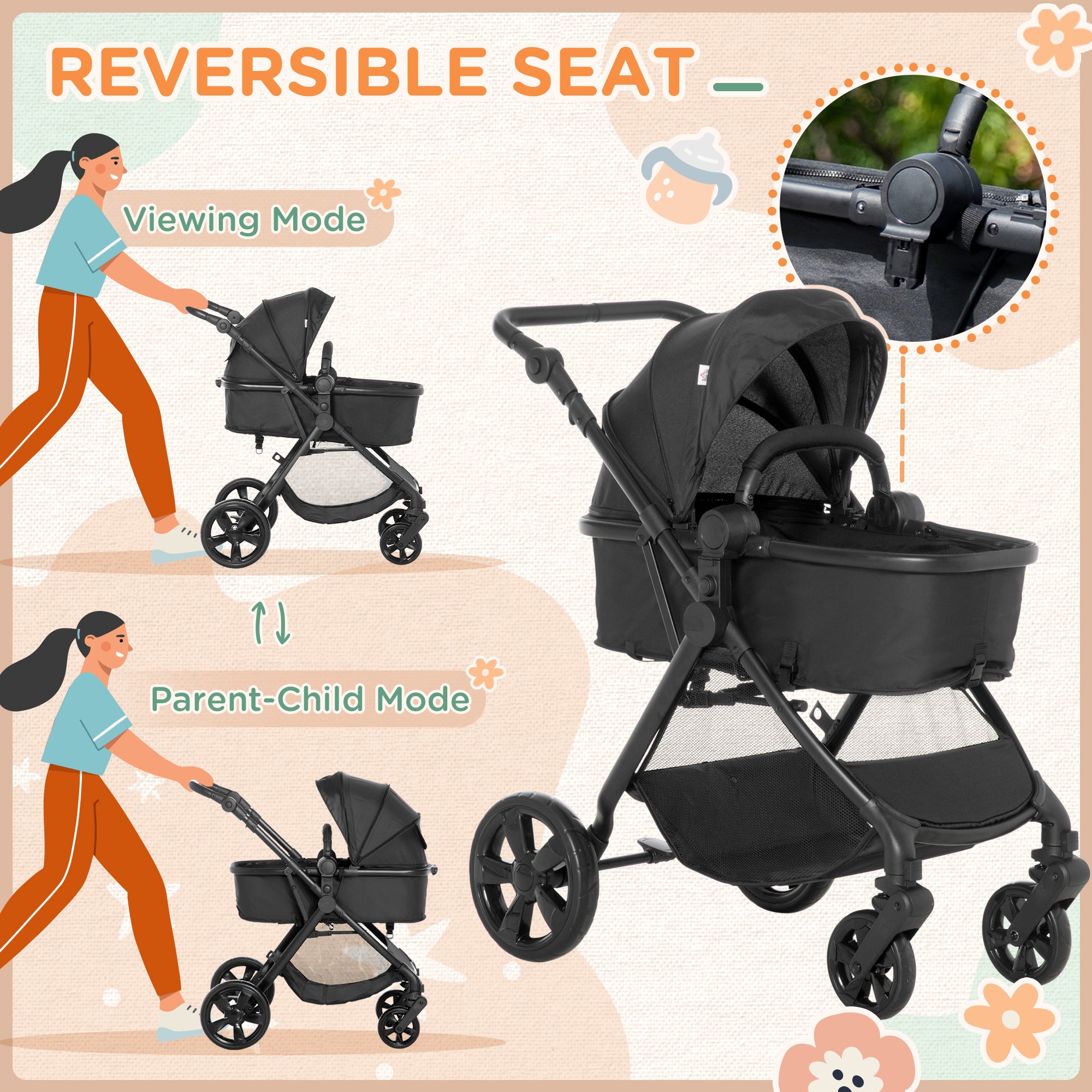 HOMCOM Foldable Baby Stoller, with Reclining Backrest, Adjustable Canopy, for Ages 0-36 Months - Black - North Peak Garden Furniture