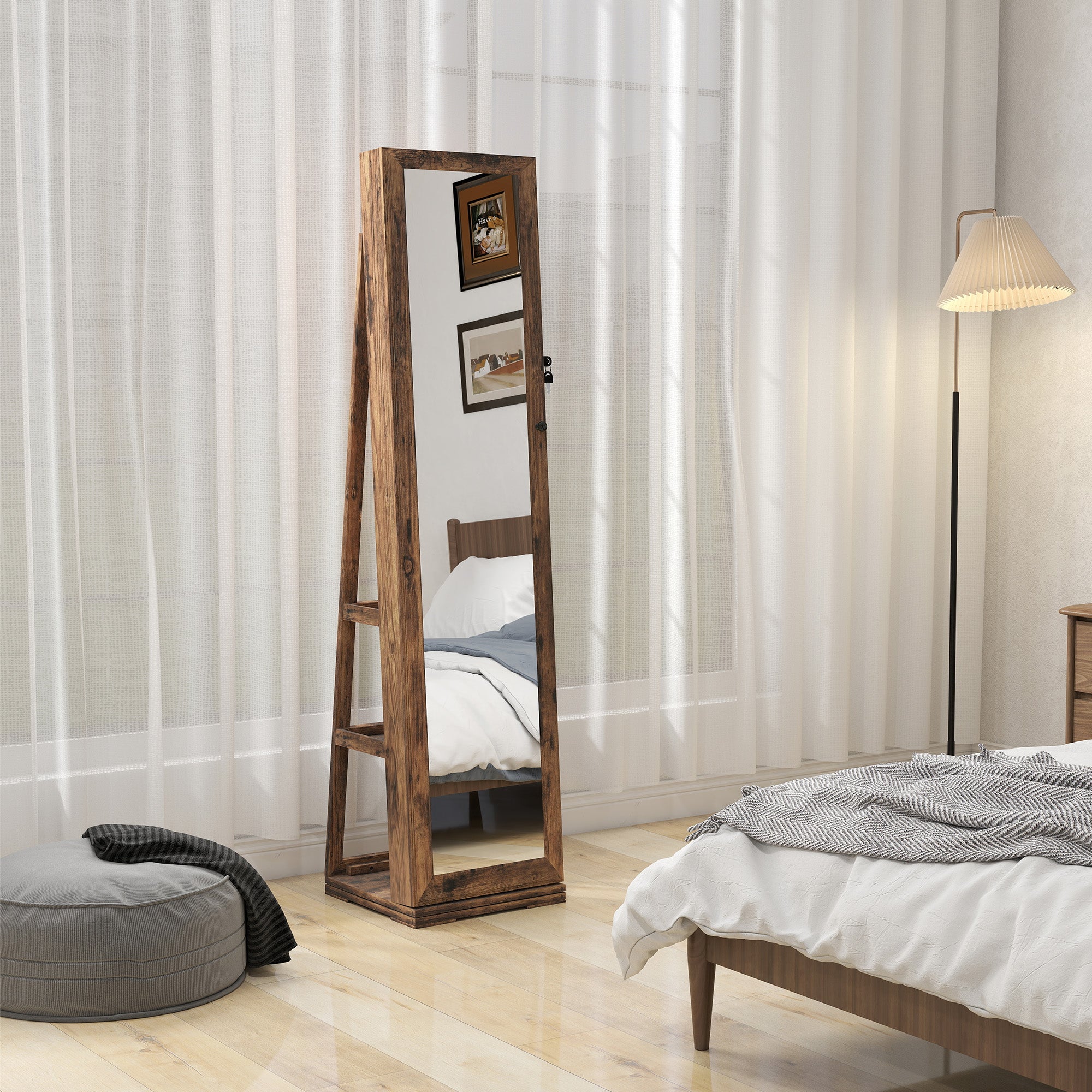 HOMCOM 360° Swivel Jewellery Cabinet, Mirror Armoire, Full Length Mirror, Lockable Jewellery Organiser with Built-In Small Mirror, Rustic Brown