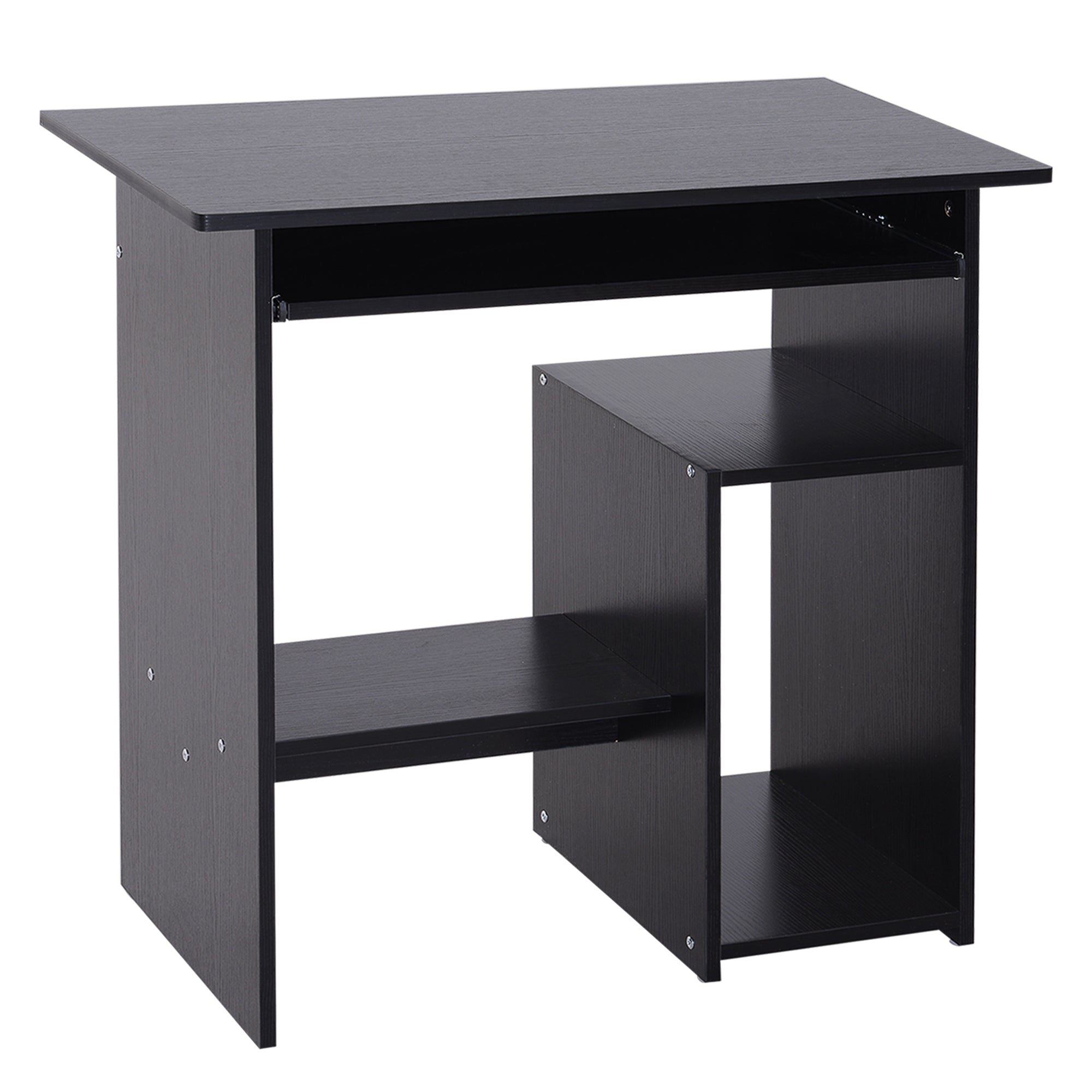 HOMCOM Compact Small Computer Table Wooden Desk Keyboard Tray Storage Shelf Modern Corner Table Home Office Black - North Peak Garden Furniture