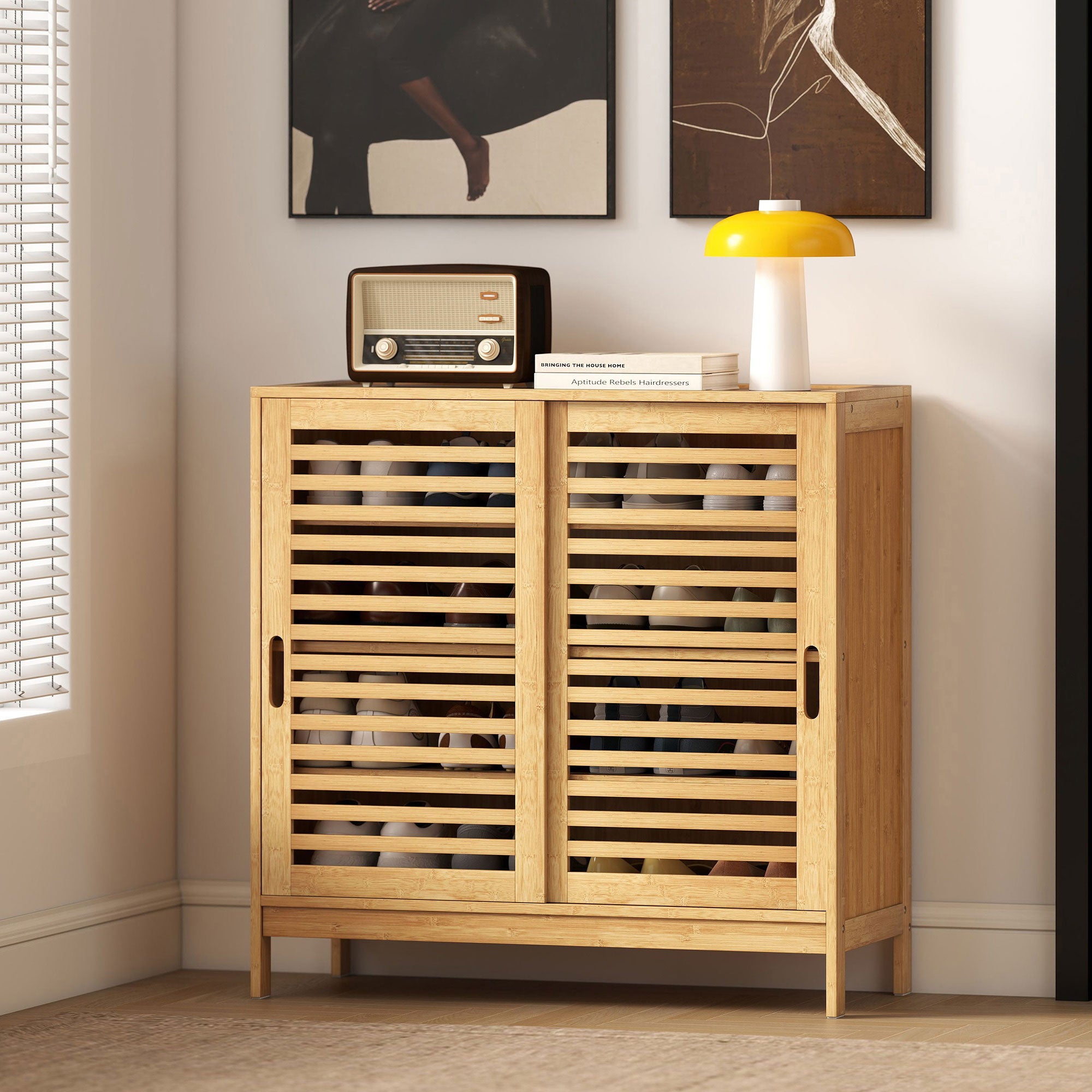 HOMCOM Bamboo Shoe Cabinet with 2 Sliding Slat Doors, 16Pairs, Adjustable Shelves, Natural