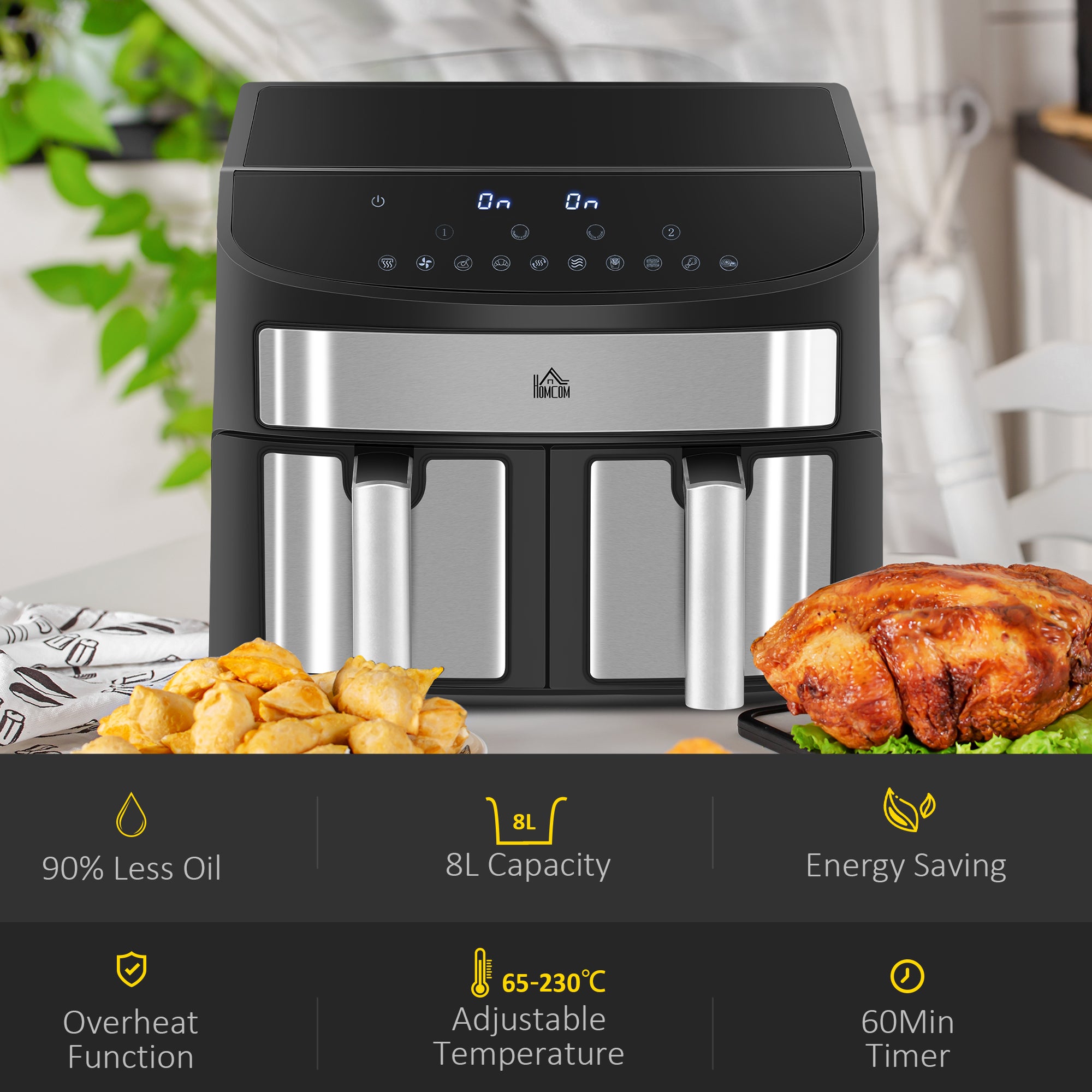 HOMCOM Dual Zone Air Fryer, 10-in-1 8L with Sync Cook & Sync Finish, 60-Minute Timer for Oil Free & Low Fat Cooking, 2400W - North Peak Garden Furniture