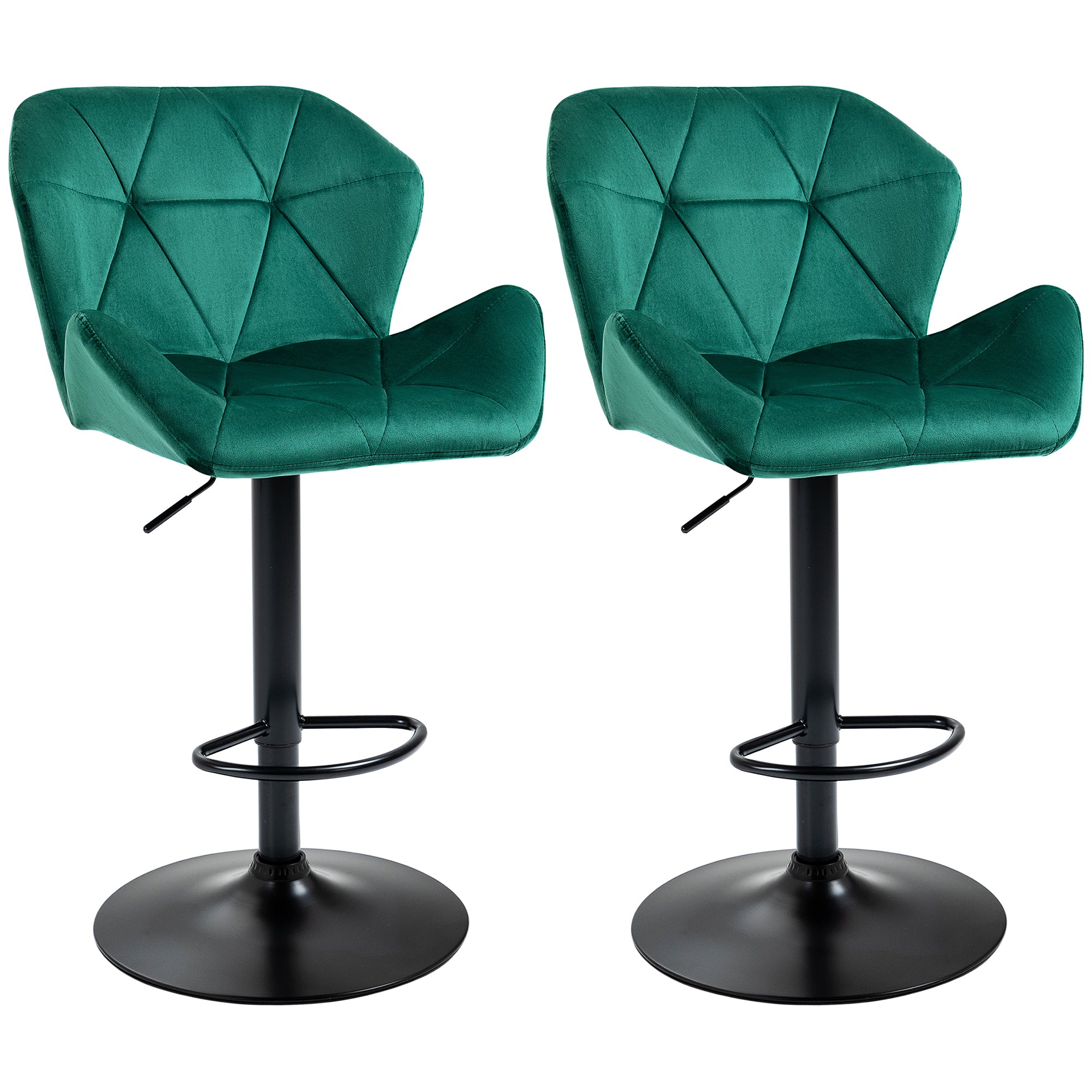 HOMCOM Bar Stools Set Of 2, Luxurious Velvet-Touch Barstools with Metal Frame Footrest Round Base Triangle Indenting Moulded Seat Adjustable Height Swivel Green