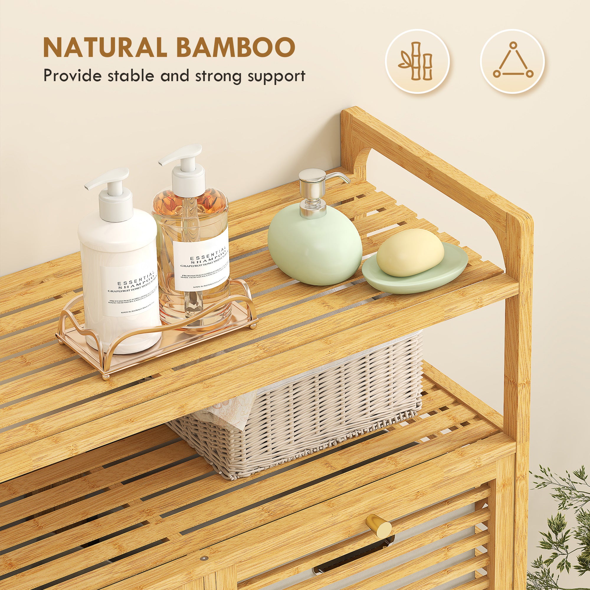 HOMCOM Double Tilt Out Bamboo Laundry Cabinet, Freestanding Bathroom Cabinet with 2 Removable Baskets, Natural