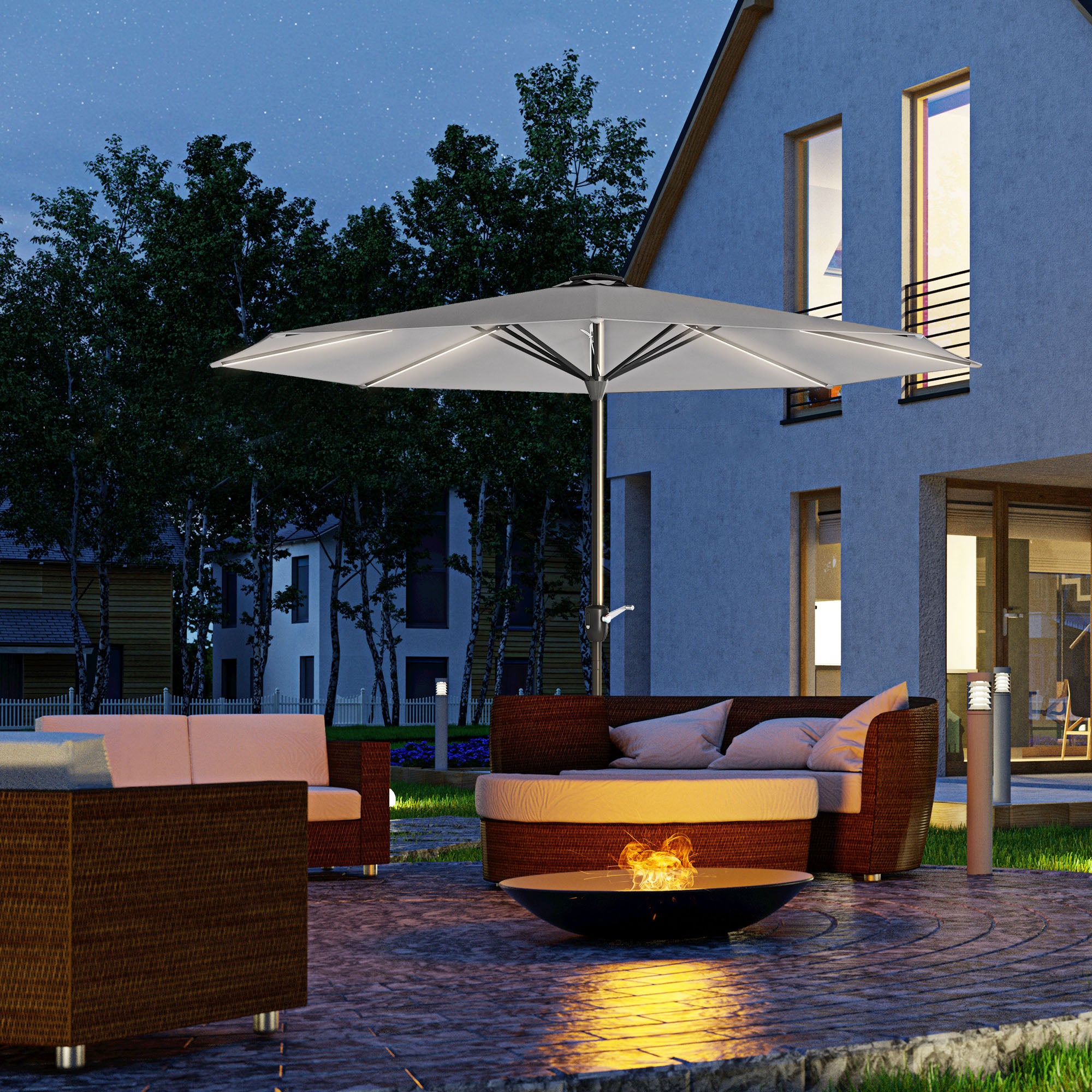 Outsunny 2.65m Garden Parasol, with LED Lights - Light Grey - North Peak Garden Furniture