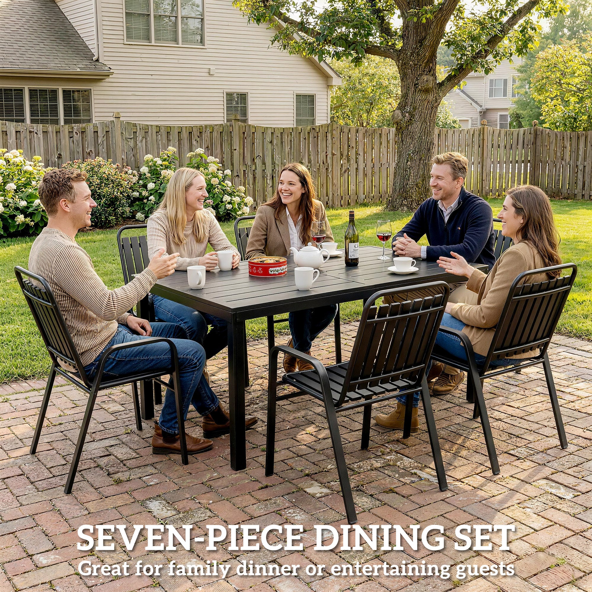Outsunny 7 Pieces Outdoor Dining Set with Umbrella Hole, Garden Table and Chairs Set for 6 with Metal Table and Stackable Chairs