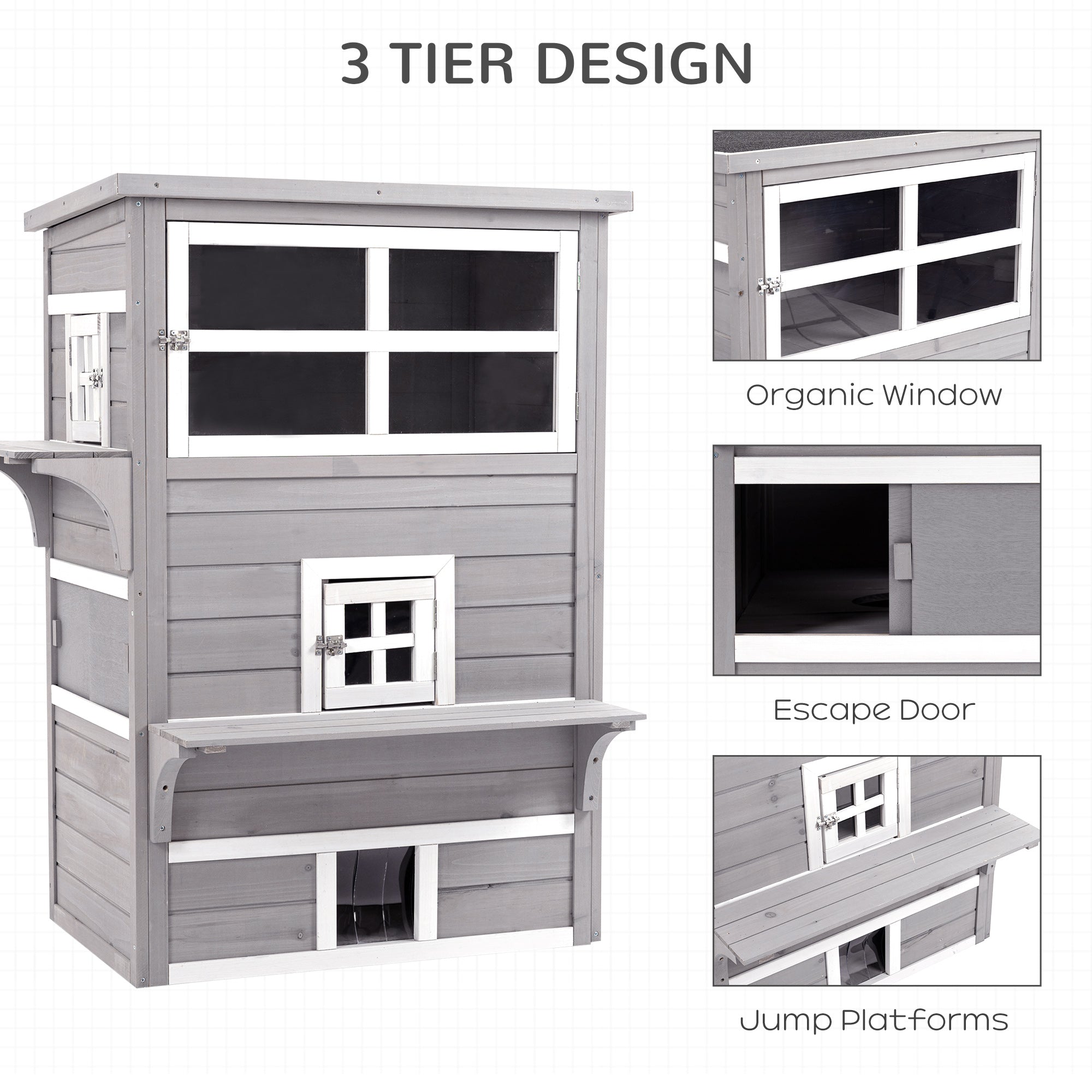 PawHut Three-Tier wooden Kitten Shelter, Outdoor Cat House, with Jumping Platforms, Asphalt Roof, Doors - Grey