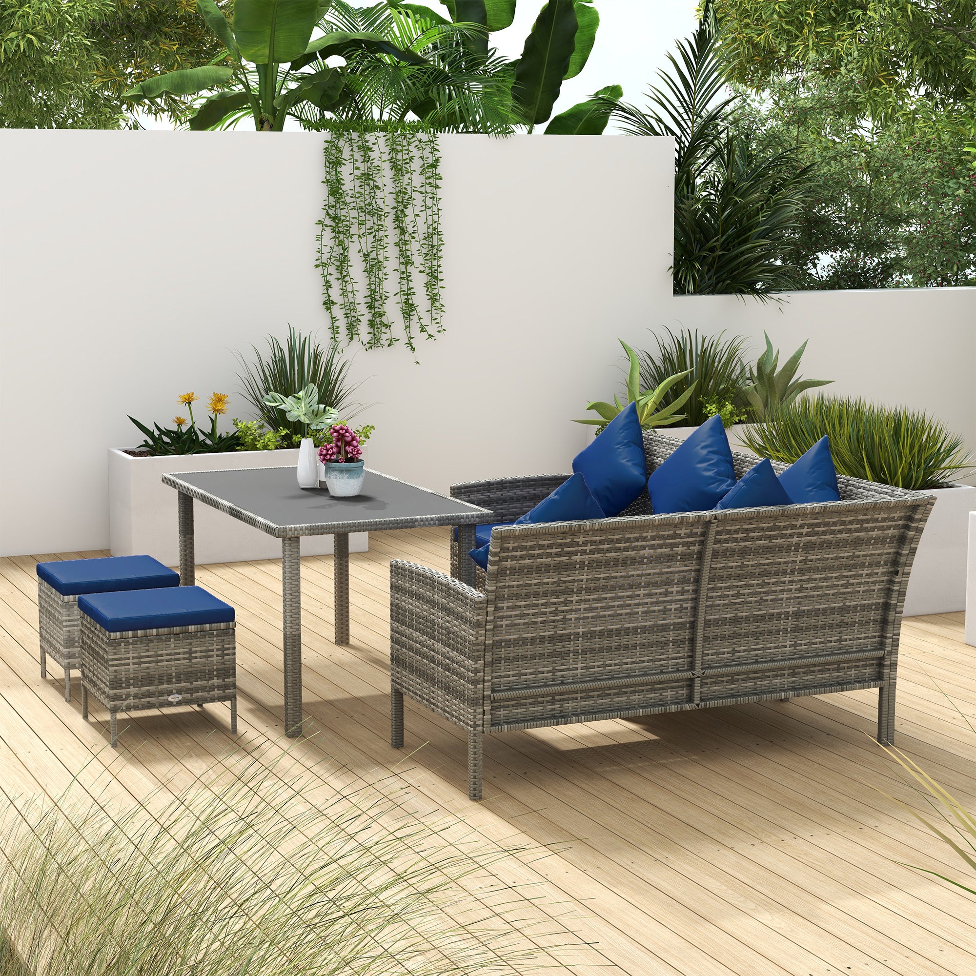 Outsunny 5 Pieces Rattan Garden Furniture Set with Dining Table, Cushions - Dark Blue