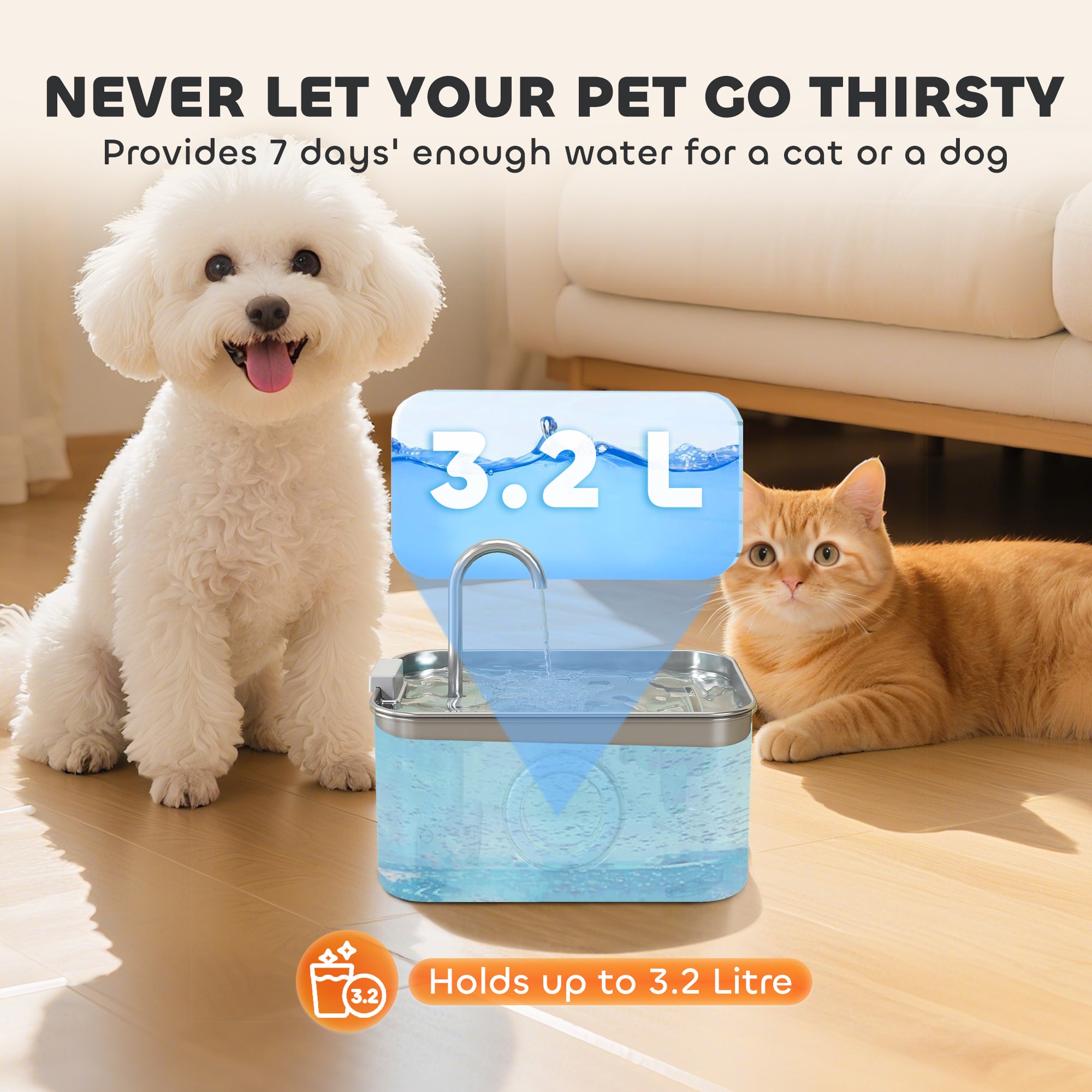 PawHut 3.2L Cat Water Fountain for Drinking, Cat Fountain Stainless Steel with Visible Water-Level Window, Ultra-Silent Pump - North Peak Garden Furniture