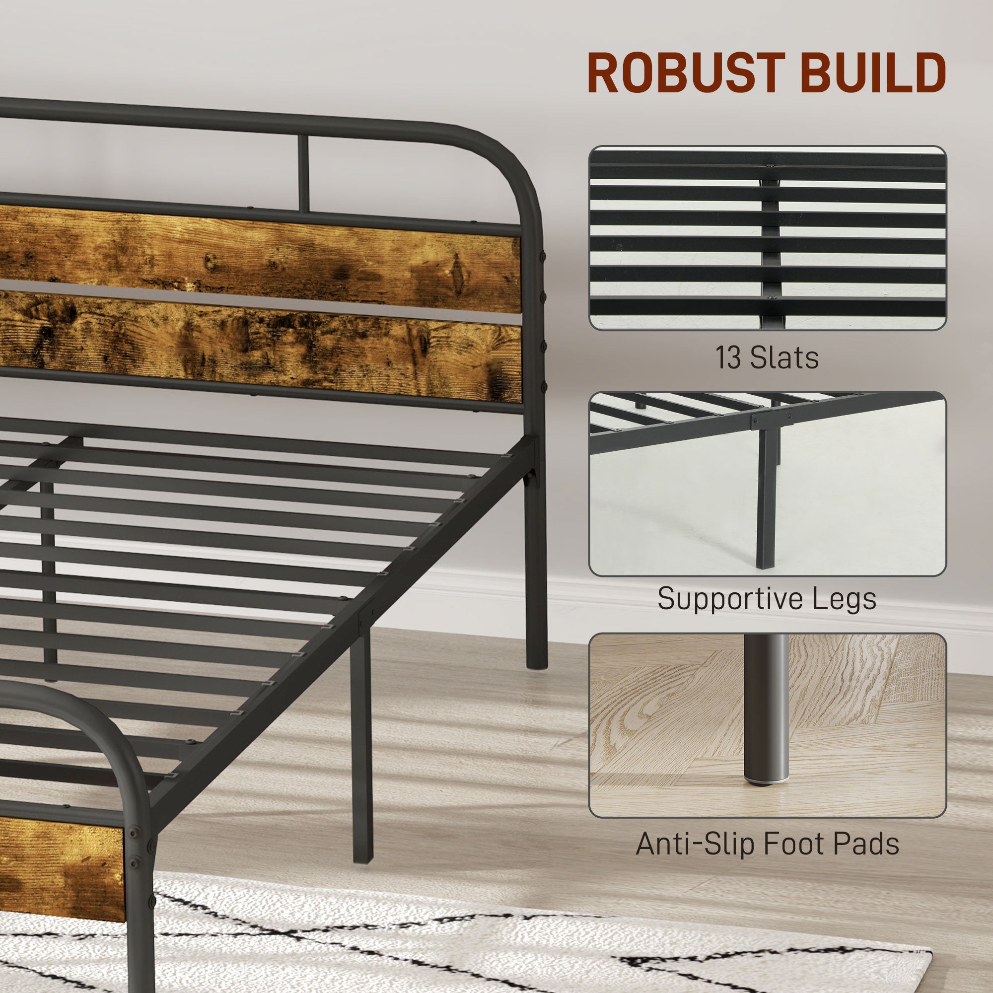 HOMCOM Industrial-Style King Bed Frame - Black/Brown - North Peak Garden Furniture