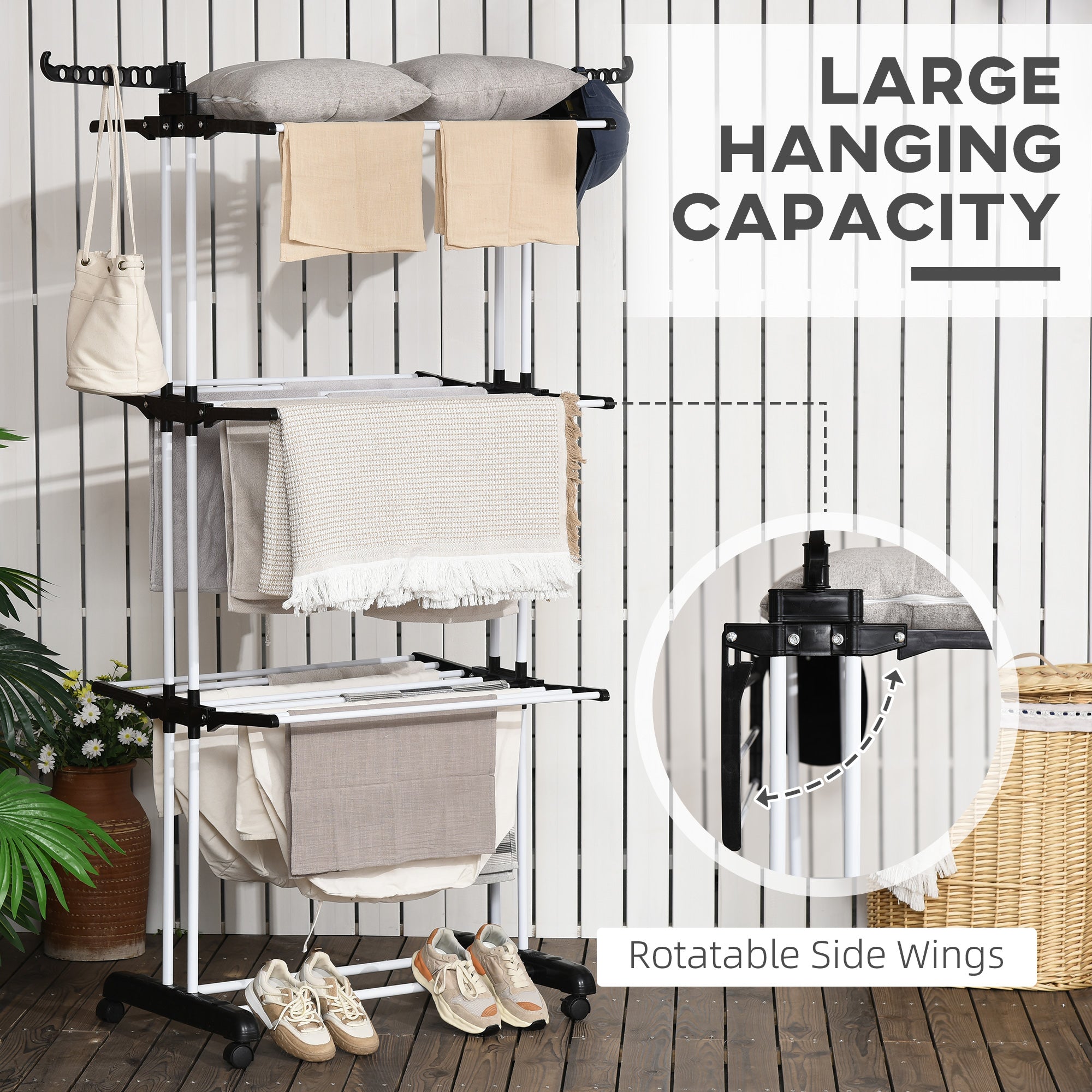 HOMCOM Foldable Clothes Drying Rack, 4-Tier Steel Garment Laundry Rack with Castors for Indoor and Outdoor Use, Black - North Peak Garden Furniture